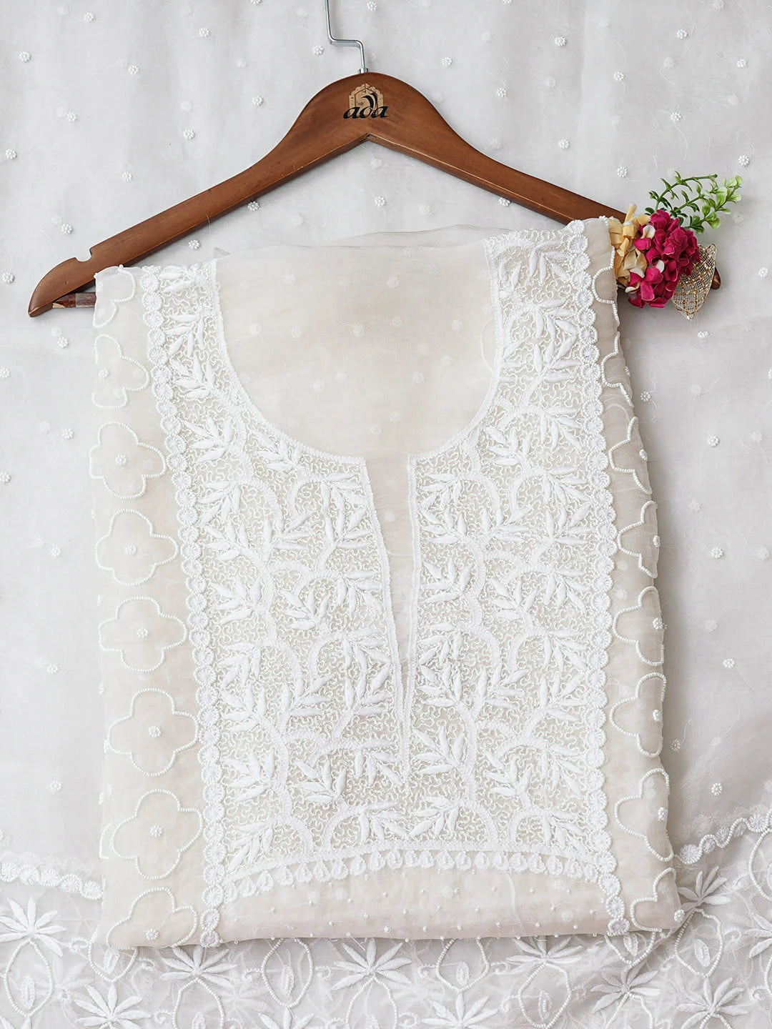 Ada Hand Embroidered White Organza Lucknowi Chikankari Unstitched Kurta Dupatta Set With Pearl Work 01A758071