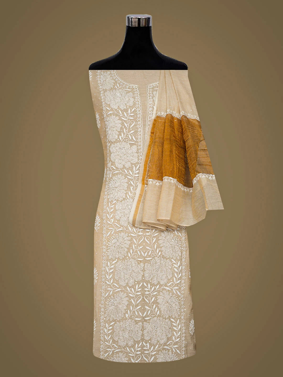 Ada Hand Embroidered Fawn Tissue Lucknowi Chikankari Unstitched Kurta Dupatta Set With Cutdana Work 01A957303