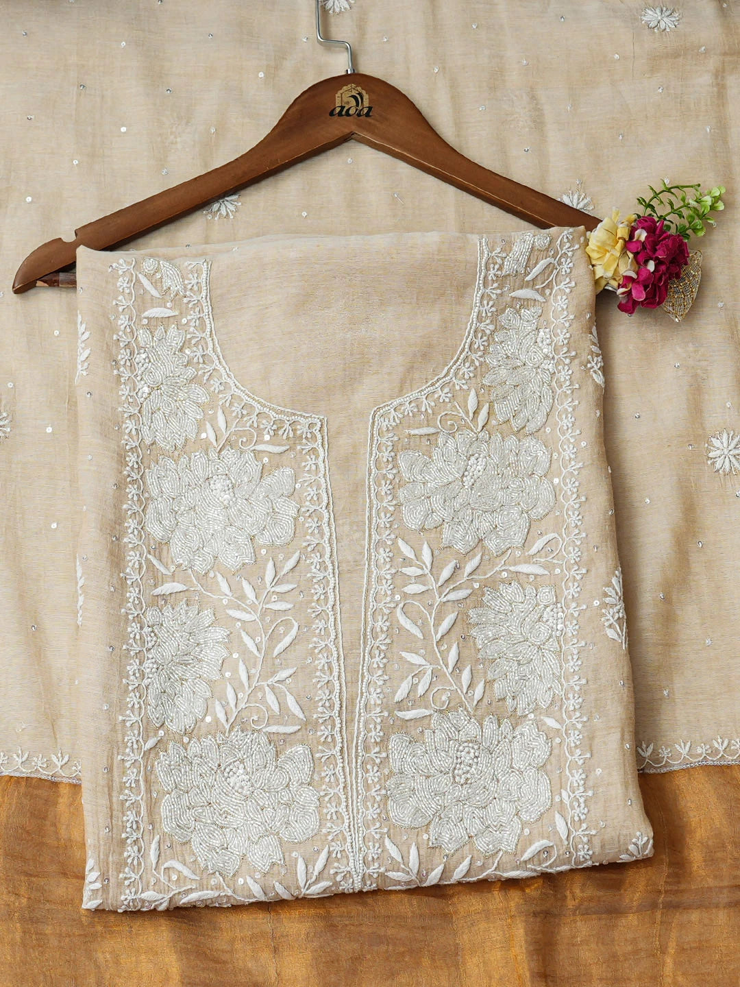 Ada Hand Embroidered Fawn Tissue Lucknowi Chikankari Unstitched Kurta Dupatta Set With Cutdana Work 01A957303