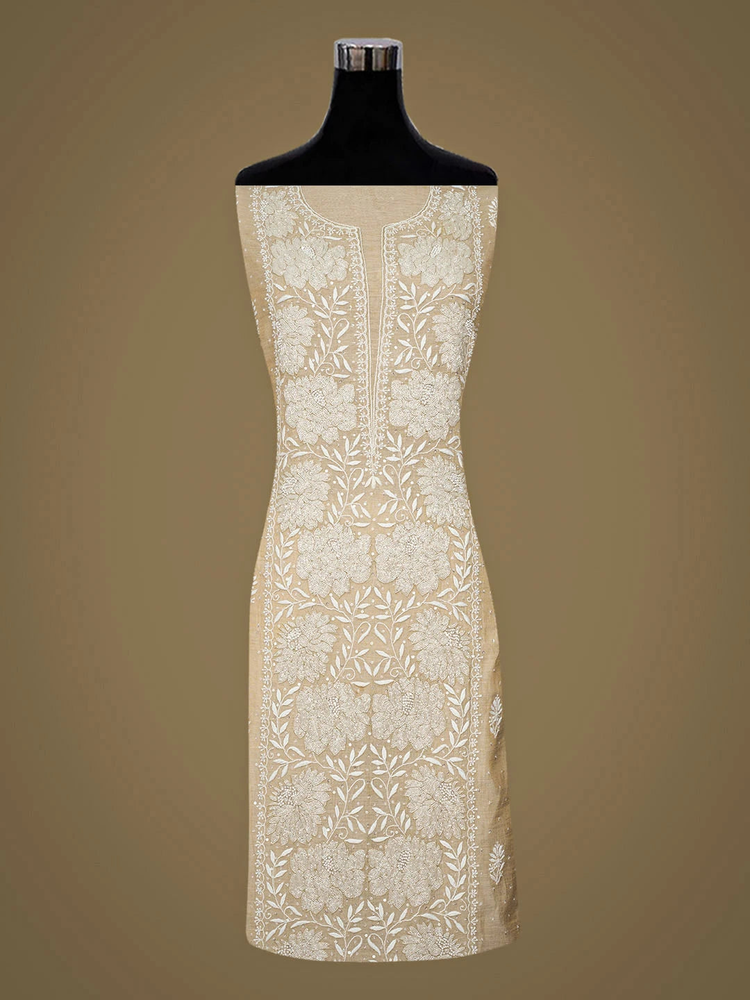 Ada Hand Embroidered Fawn Tissue Lucknowi Chikankari Unstitched Kurta Dupatta Set With Cutdana Work 01A957303