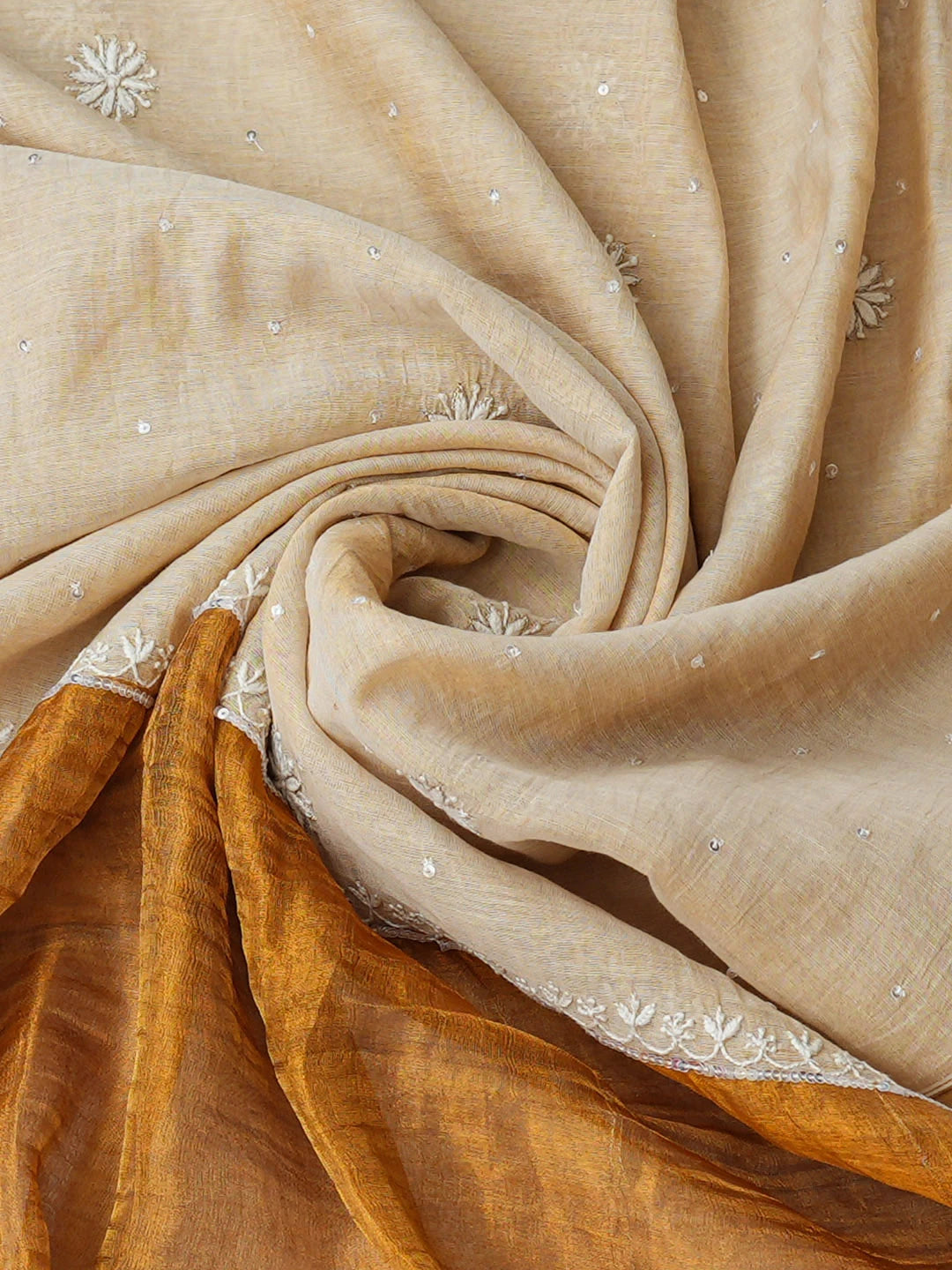 Ada Hand Embroidered Fawn Tissue Lucknowi Chikankari Unstitched Kurta Dupatta Set With Cutdana Work 01A957303