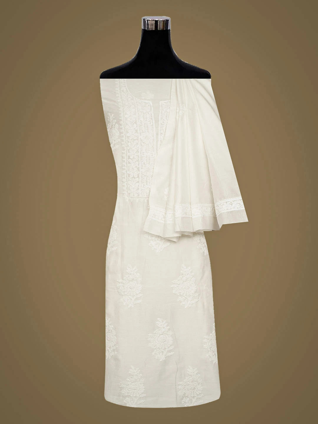 Ada Hand Embroidered White Chanderi Lucknowi Chikankari Unstitched Kurta Dupatta Set 01A962385