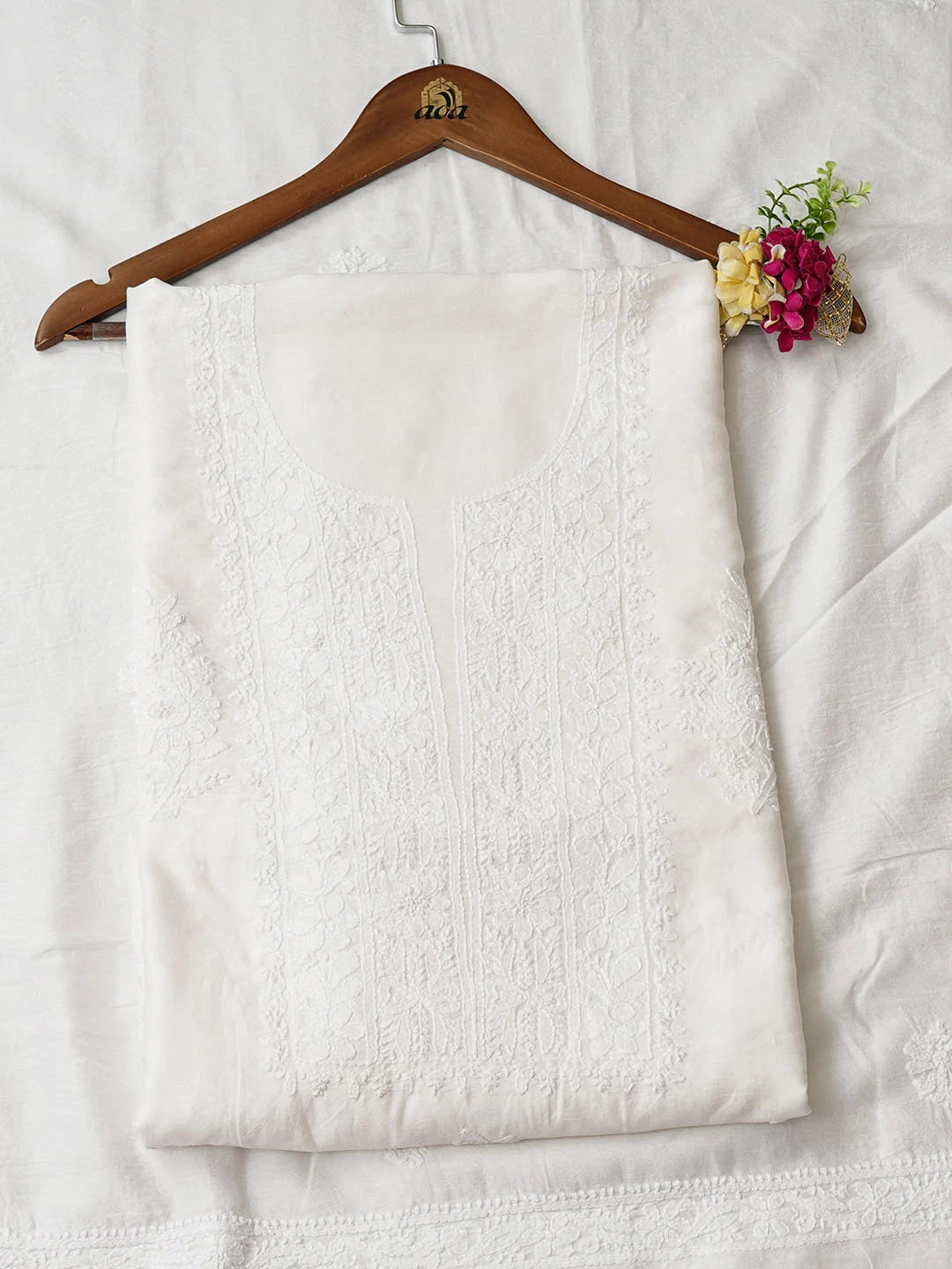 Ada Hand Embroidered White Chanderi Lucknowi Chikankari Unstitched Kurta Dupatta Set 01A962385