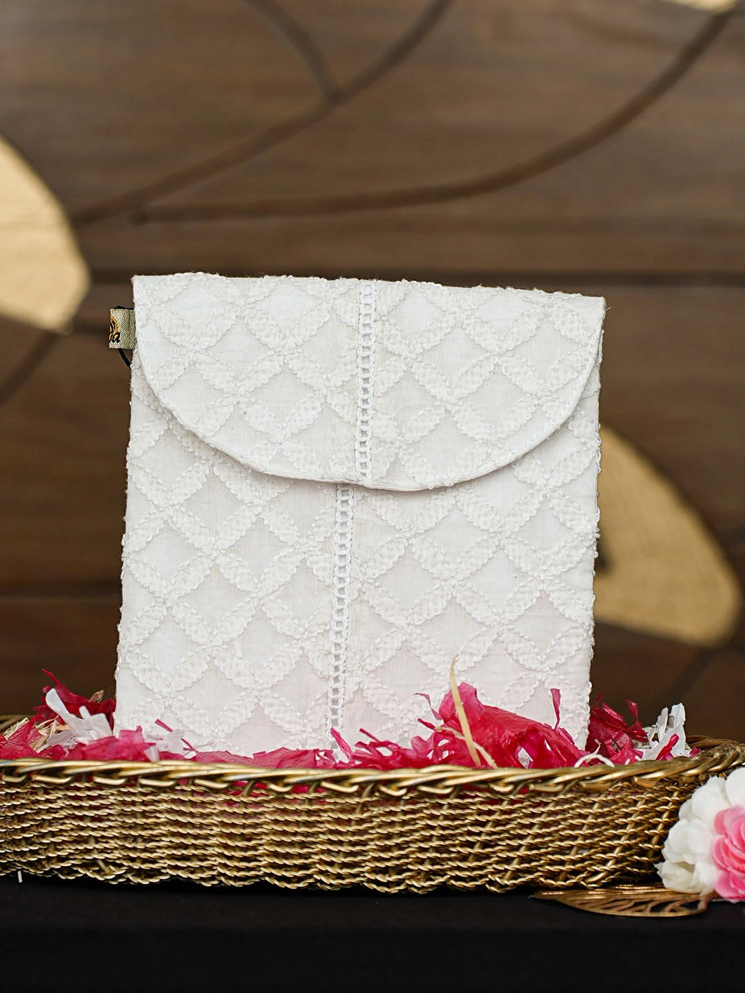 Ada Hand Embroidered White Cotton Lucknowi Chikankari Pouch 01A938467