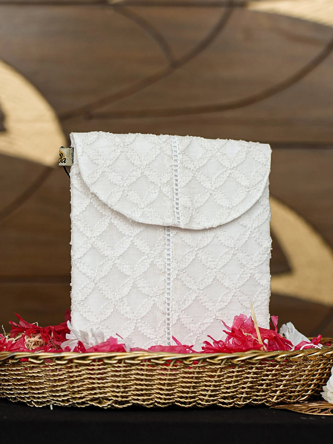Ada Hand Embroidered White Cotton Lucknowi Chikankari Pouch 01A938467