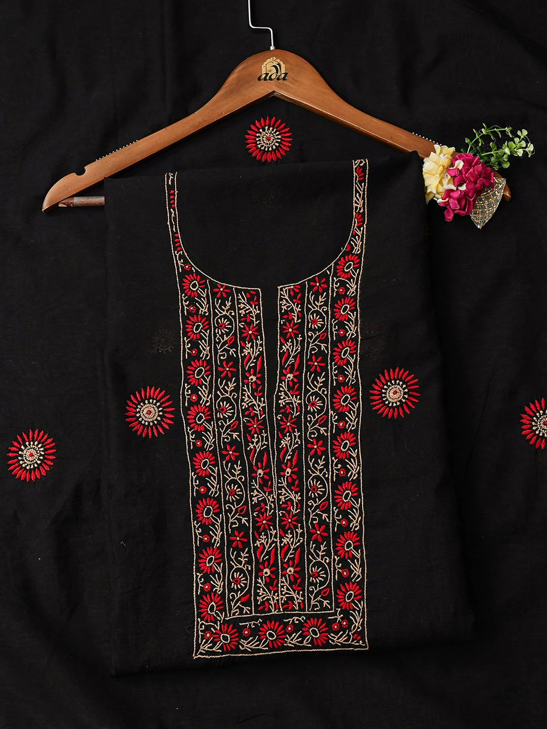 Ada Hand Embroidered Black Chanderi Lucknowi Chikankari Unstitched Kurta Dupatta Set 01A948898