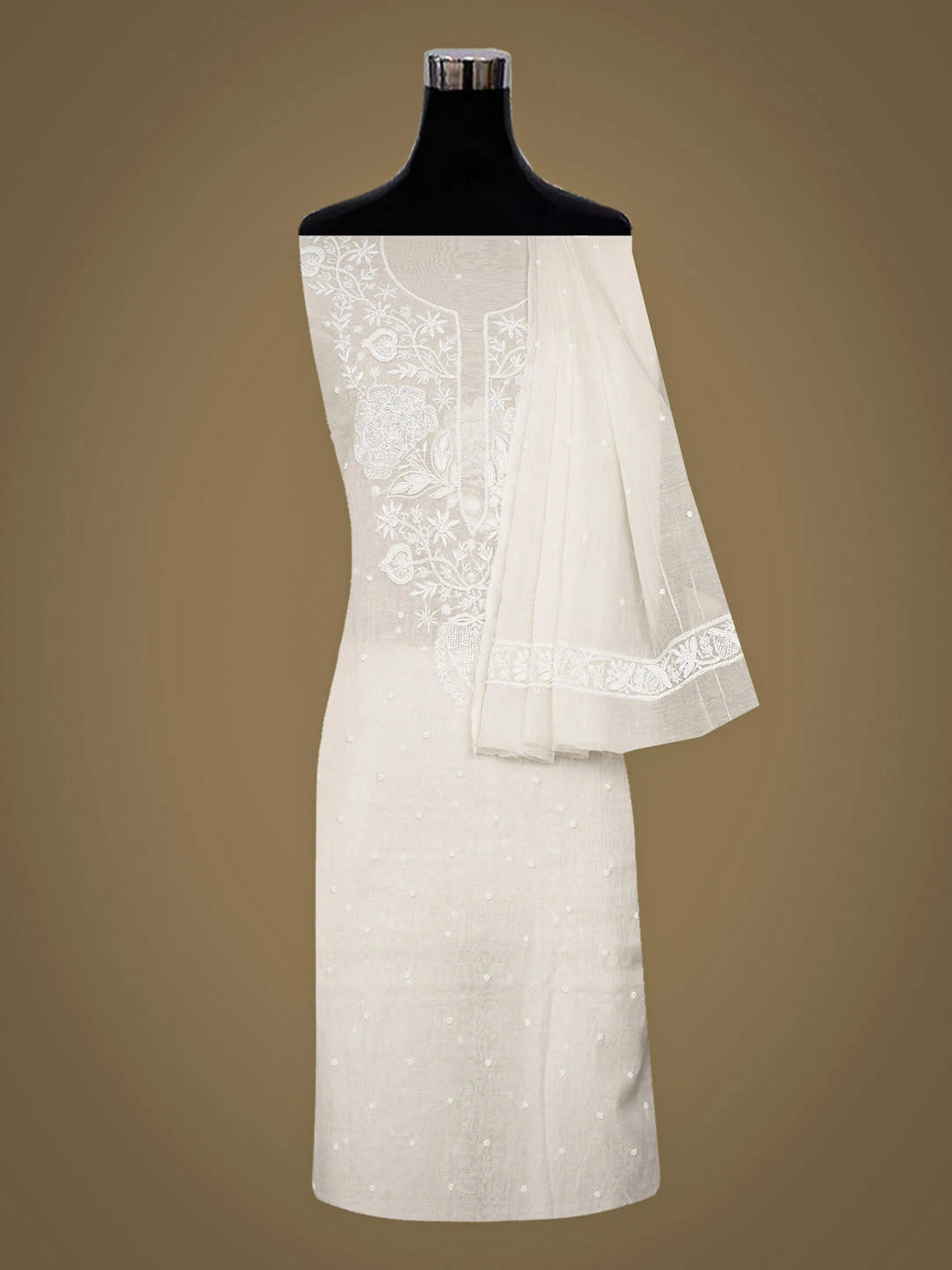 Ada Hand Embroidered White Chanderi Lucknowi Chikankari Unstitched Kurta Dupatta Set With Pearl Work 01A972772