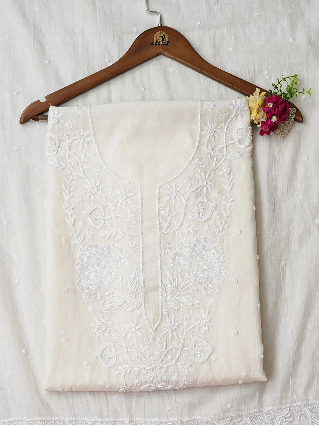 Ada Hand Embroidered White Chanderi Lucknowi Chikankari Unstitched Kurta Dupatta Set With Pearl Work 01A972772