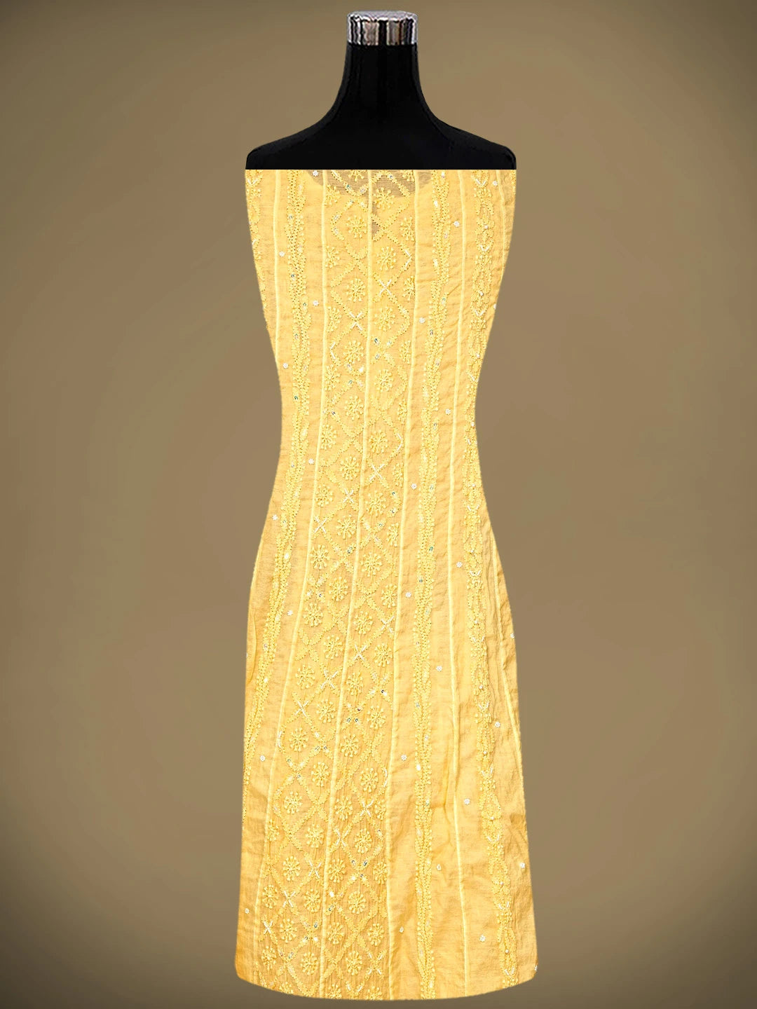 Ada Hand Embroidered Biscotti Yellow Chanderi Lucknowi Chikankari Semi Stitched Anarkali Kurta Dupatta Set with Pearl Work 01A890297