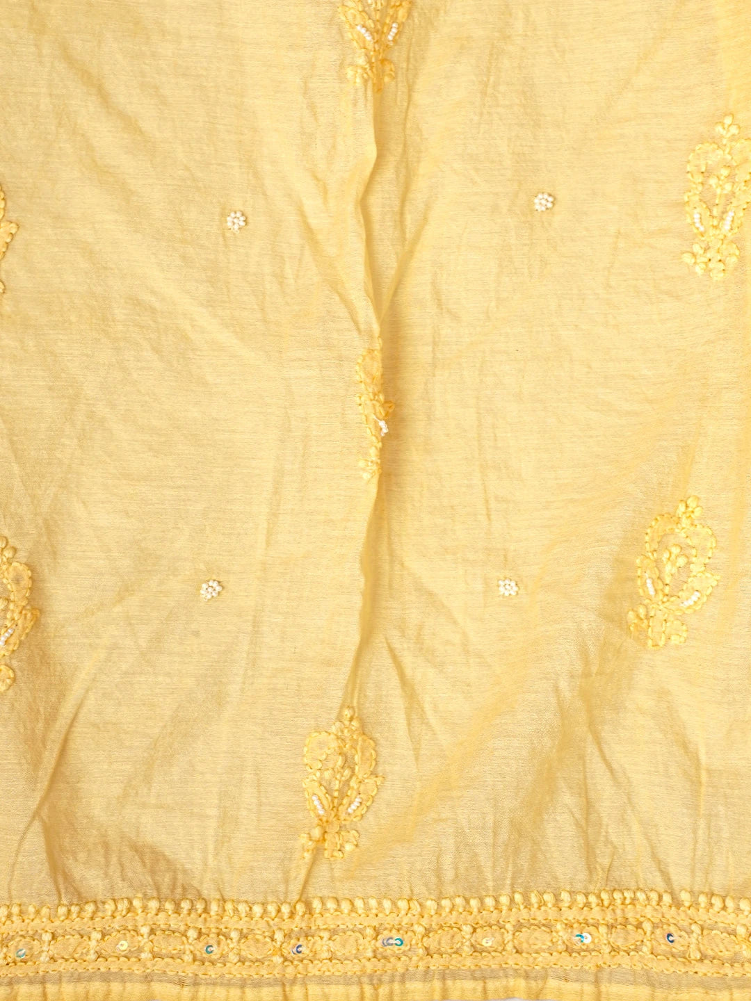 Ada Hand Embroidered Biscotti Yellow Chanderi Lucknowi Chikankari Semi Stitched Anarkali Kurta Dupatta Set with Pearl Work 01A890297