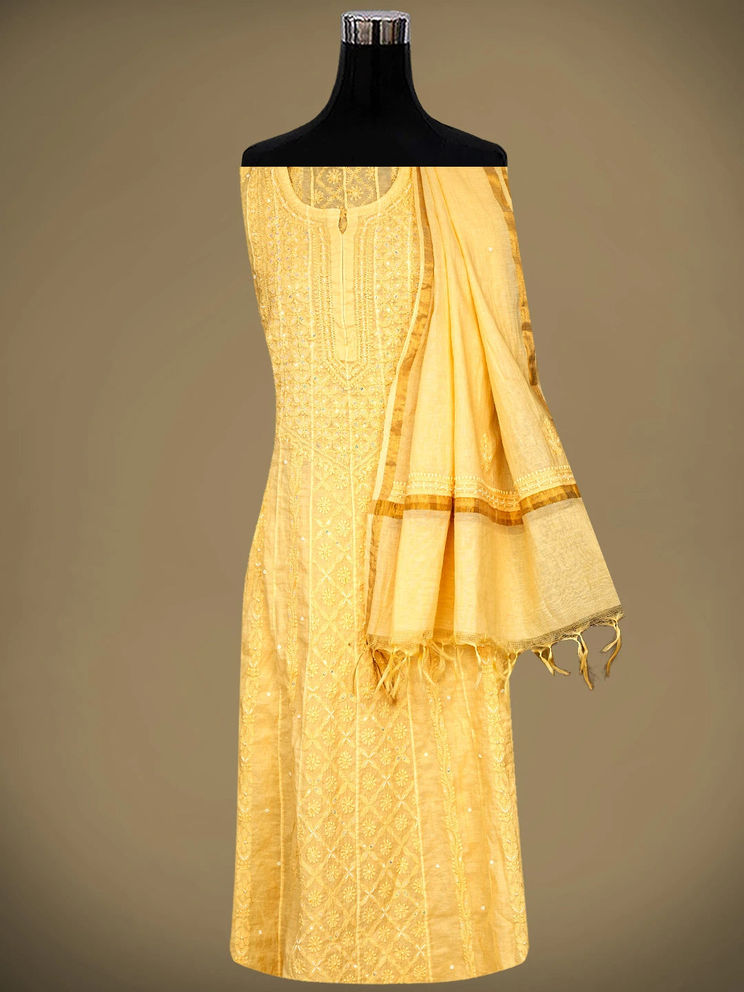 Ada Hand Embroidered Biscotti Yellow Chanderi Lucknowi Chikankari Semi Stitched Anarkali Kurta Dupatta Set with Pearl Work 01A890297