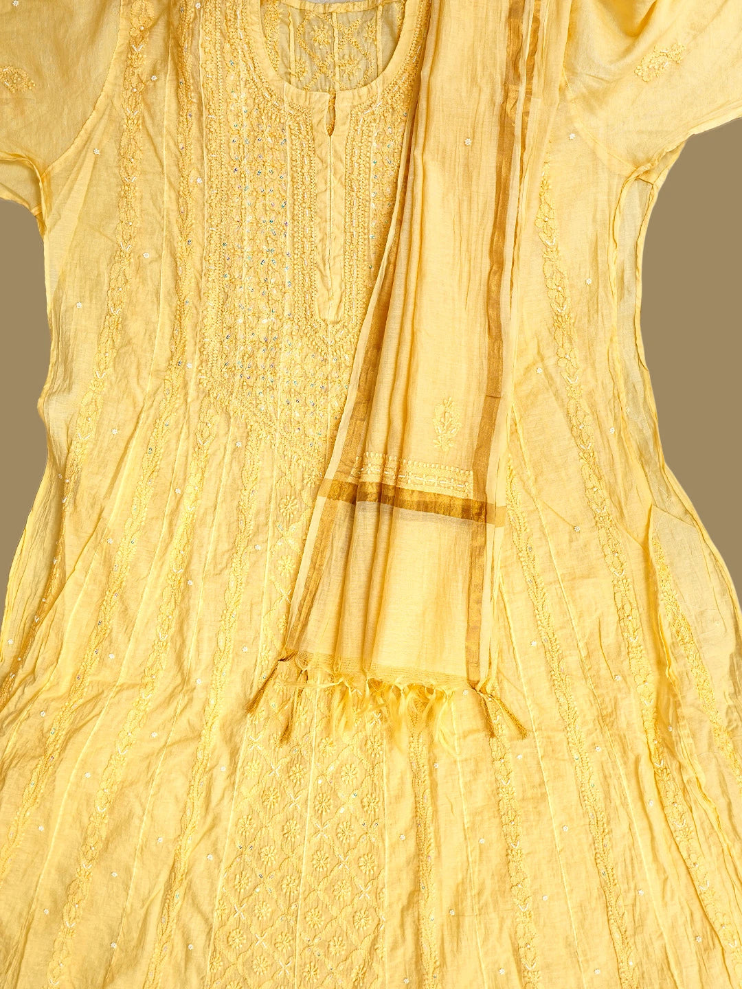 Ada Hand Embroidered Biscotti Yellow Chanderi Lucknowi Chikankari Semi Stitched Anarkali Kurta Dupatta Set with Pearl Work 01A890297