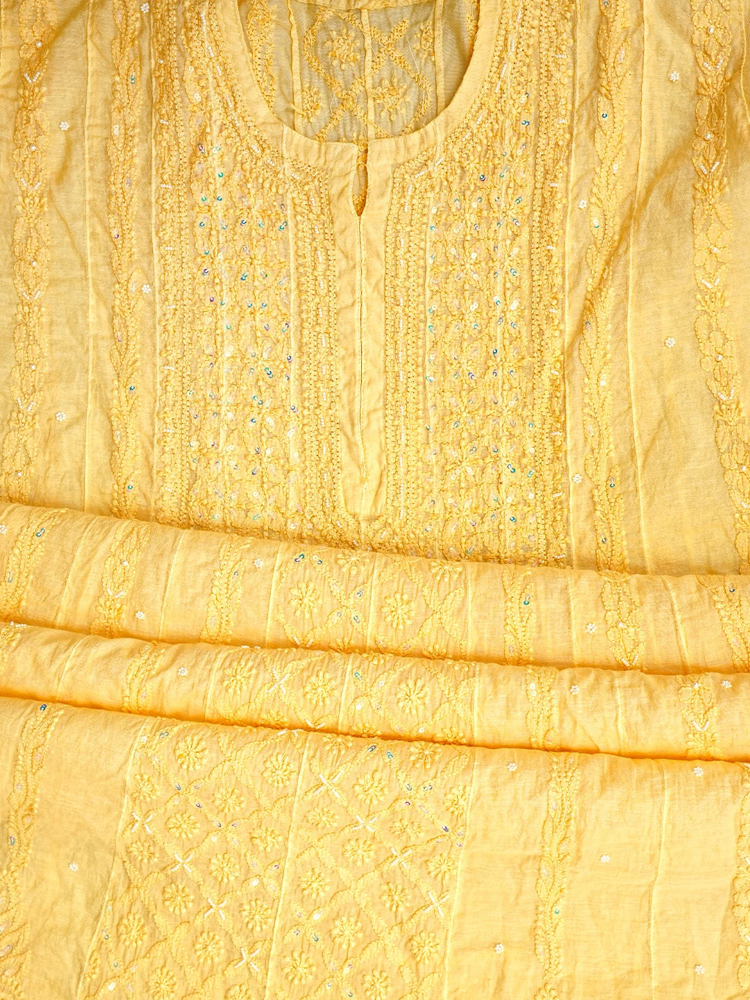 Ada Hand Embroidered Biscotti Yellow Chanderi Lucknowi Chikankari Semi Stitched Anarkali Kurta Dupatta Set with Pearl Work 01A890297