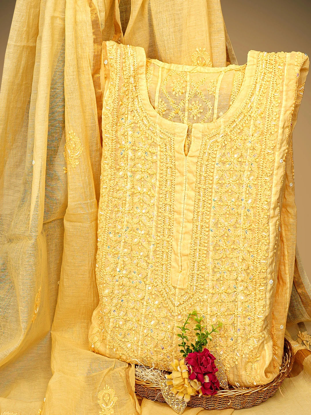 Ada Hand Embroidered Biscotti Yellow Chanderi Lucknowi Chikankari Semi Stitched Anarkali Kurta Dupatta Set with Pearl Work 01A890297