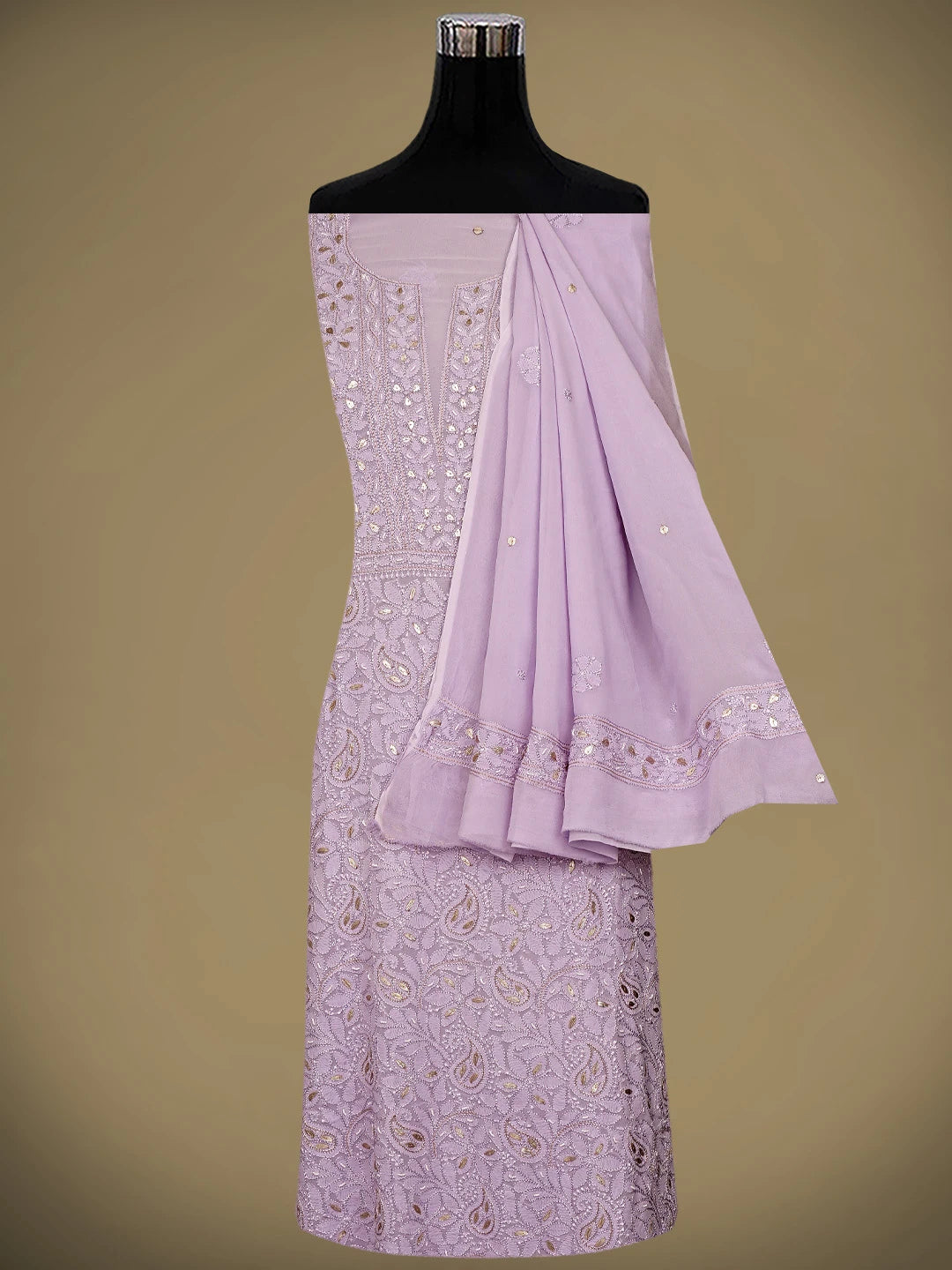 Ada Hand Embroidered Lavender Viscose Georgette Lucknowi Chikankari Unstitched Kurta Dupatta Set With Gota Patti Work 01A962473