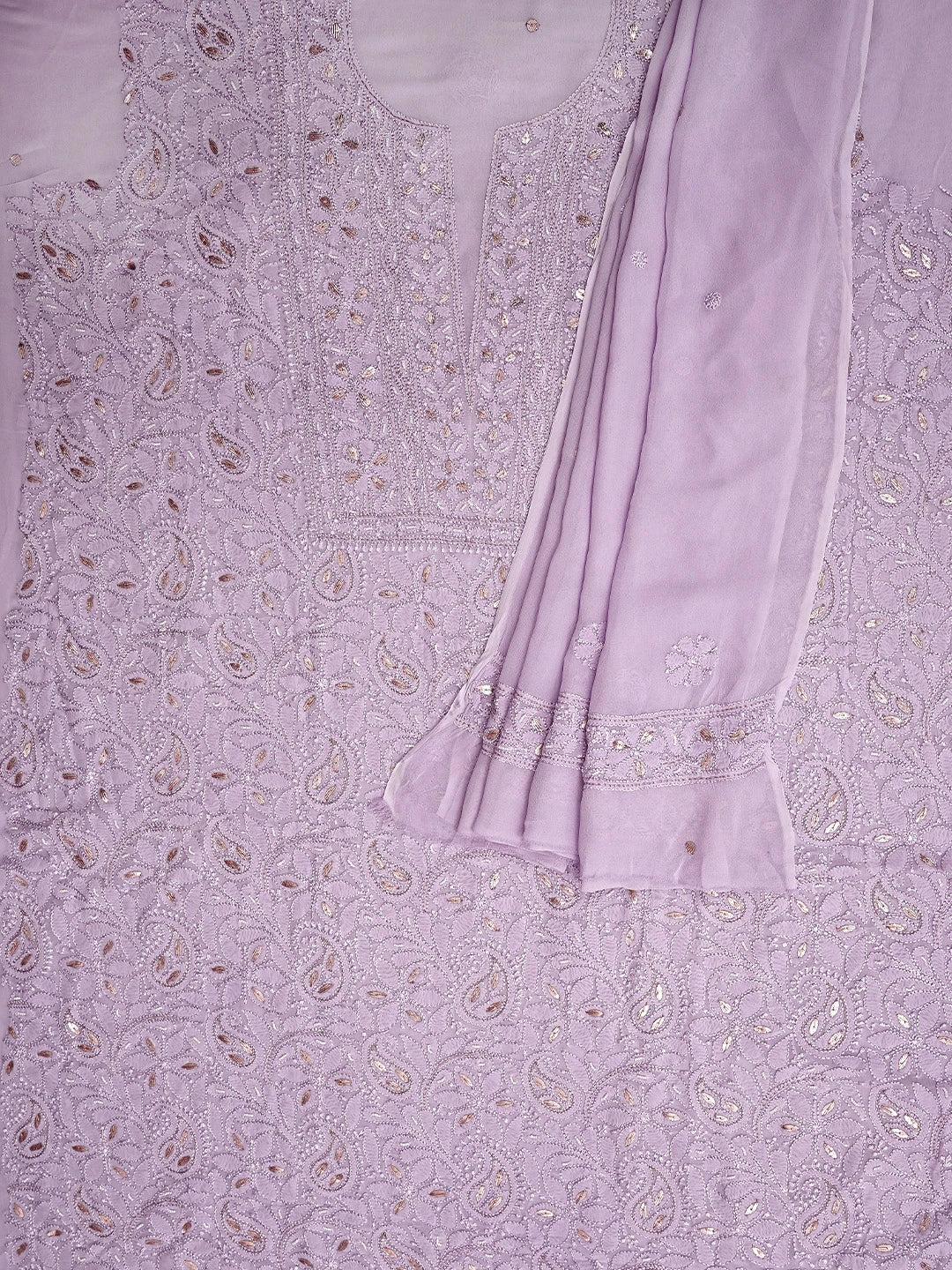 Ada Hand Embroidered Lavender Viscose Georgette Lucknowi Chikankari Unstitched Kurta Dupatta Set With Gota Patti Work 01A962473