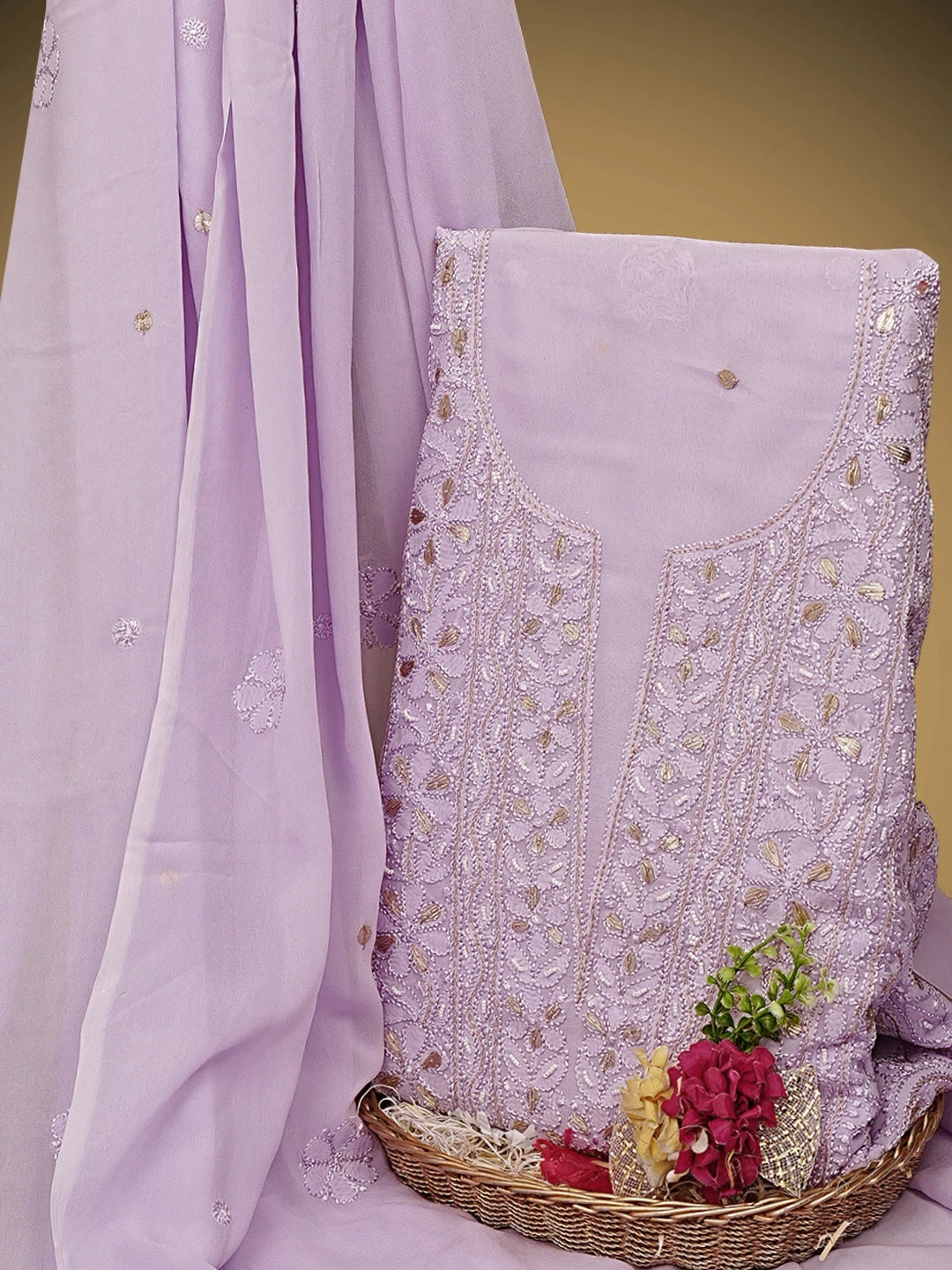 Ada Hand Embroidered Lavender Viscose Georgette Lucknowi Chikankari Unstitched Kurta Dupatta Set With Gota Patti Work 01A962473