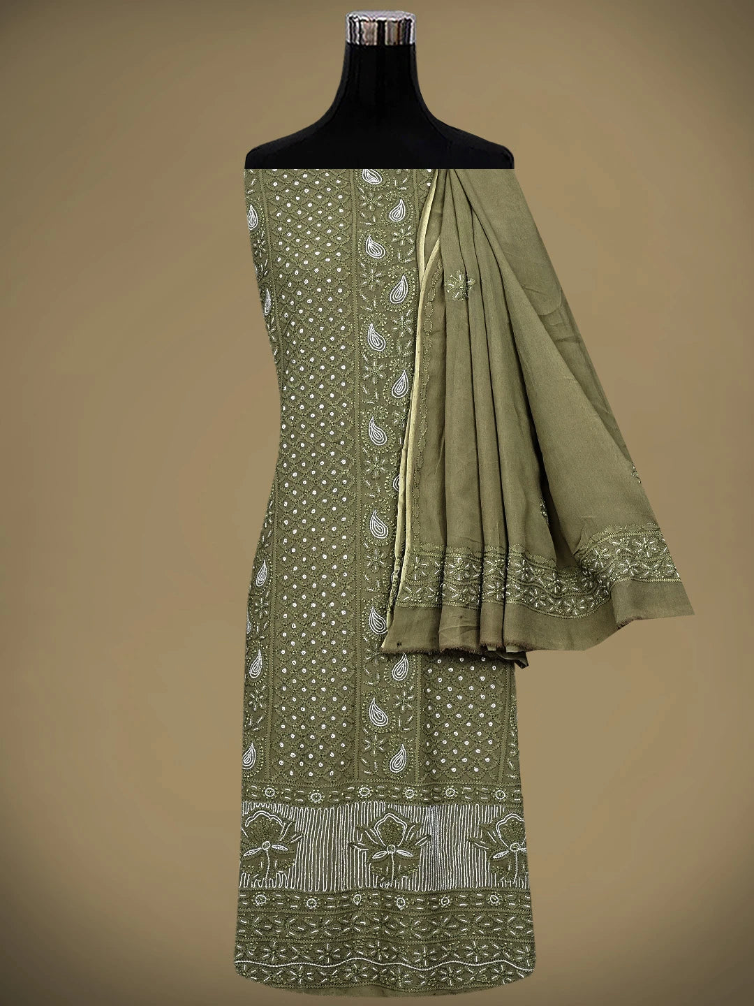Ada Hand Embroidered Olive Green Viscose Georgette Lucknowi Chikankari Unstitched Kurta Dupatta Set With Cutdana Work 01A957838