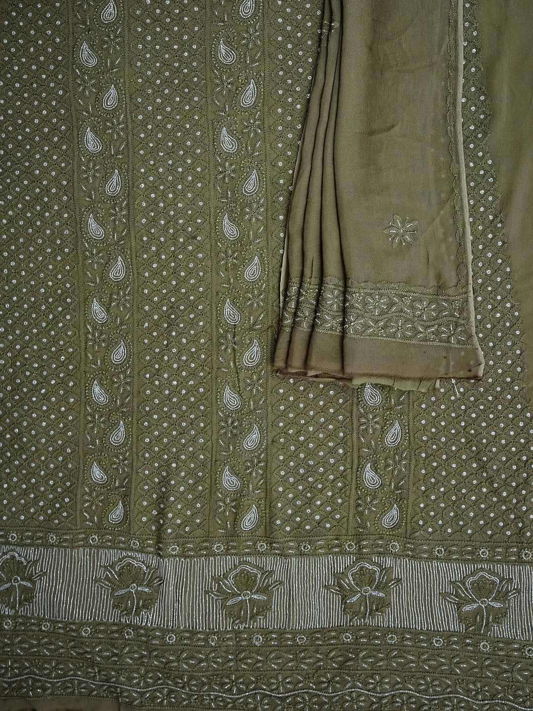 Ada Hand Embroidered Olive Green Viscose Georgette Lucknowi Chikankari Unstitched Kurta Dupatta Set With Cutdana Work 01A957838