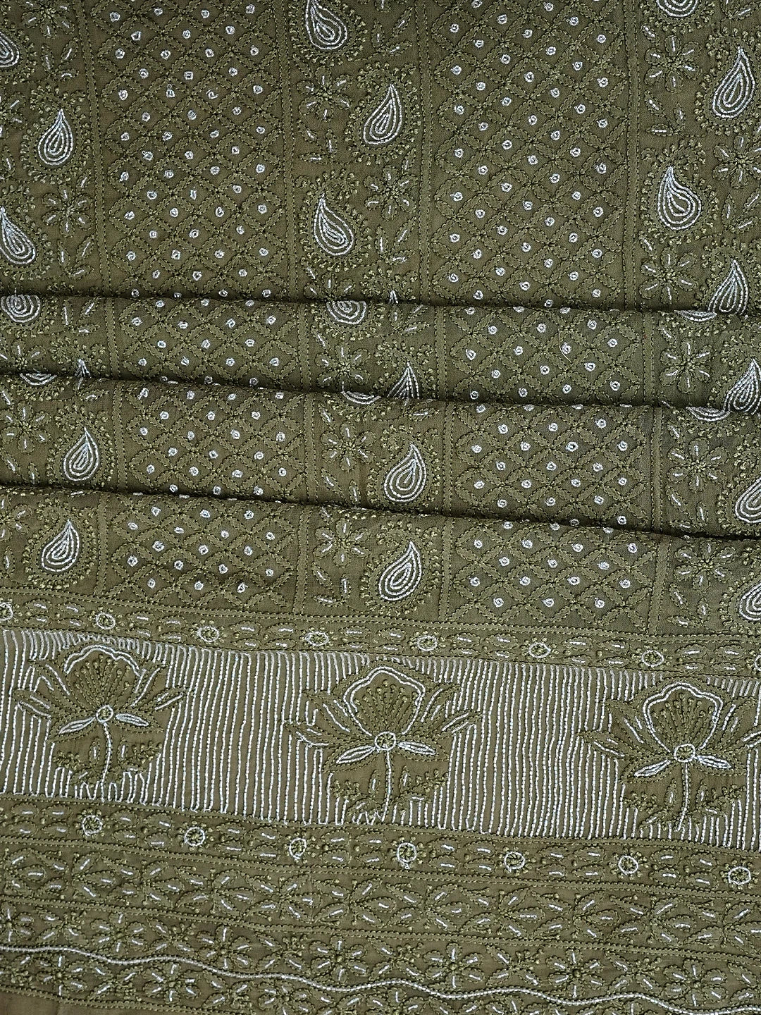 Ada Hand Embroidered Olive Green Viscose Georgette Lucknowi Chikankari Unstitched Kurta Dupatta Set With Cutdana Work 01A957838