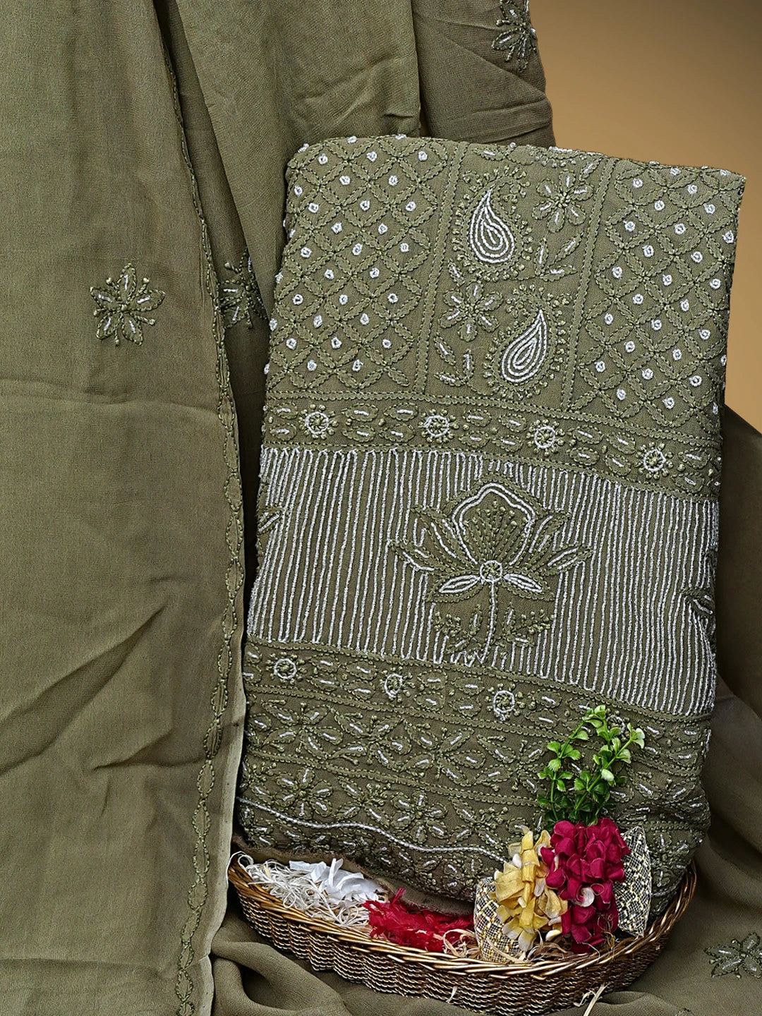 Ada Hand Embroidered Olive Green Viscose Georgette Lucknowi Chikankari Unstitched Kurta Dupatta Set With Cutdana Work 01A957838