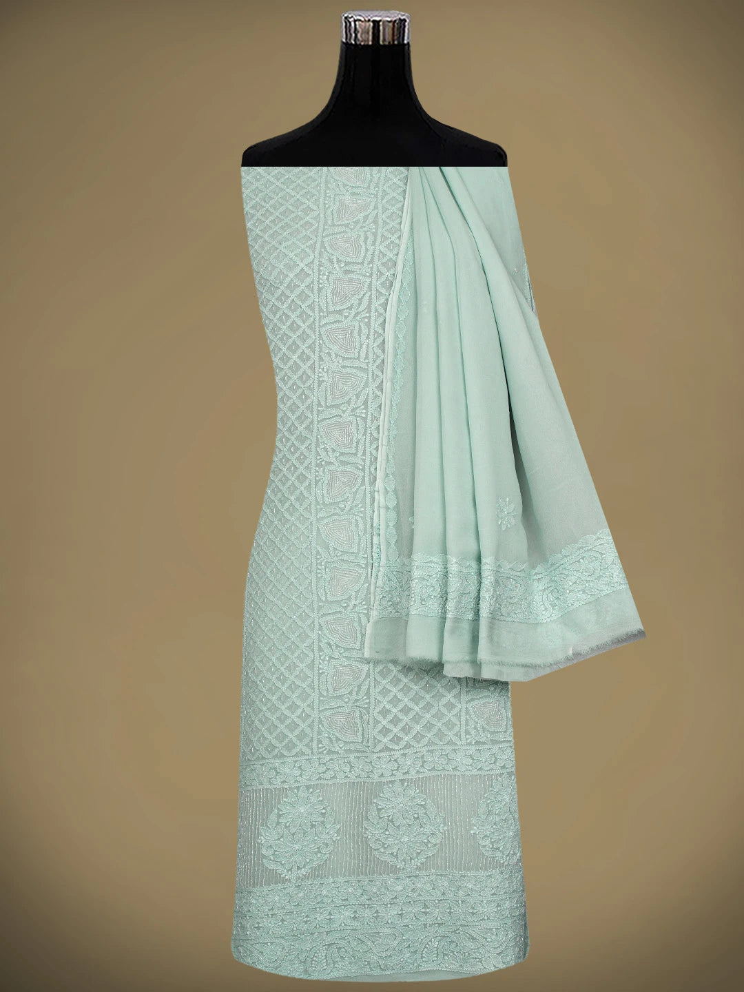 Ada Hand Embroidered Icy Blue Viscose Georgette Lucknowi Chikankari Unstitched Kurta Dupatta Set With Cutdana Work 01A957791