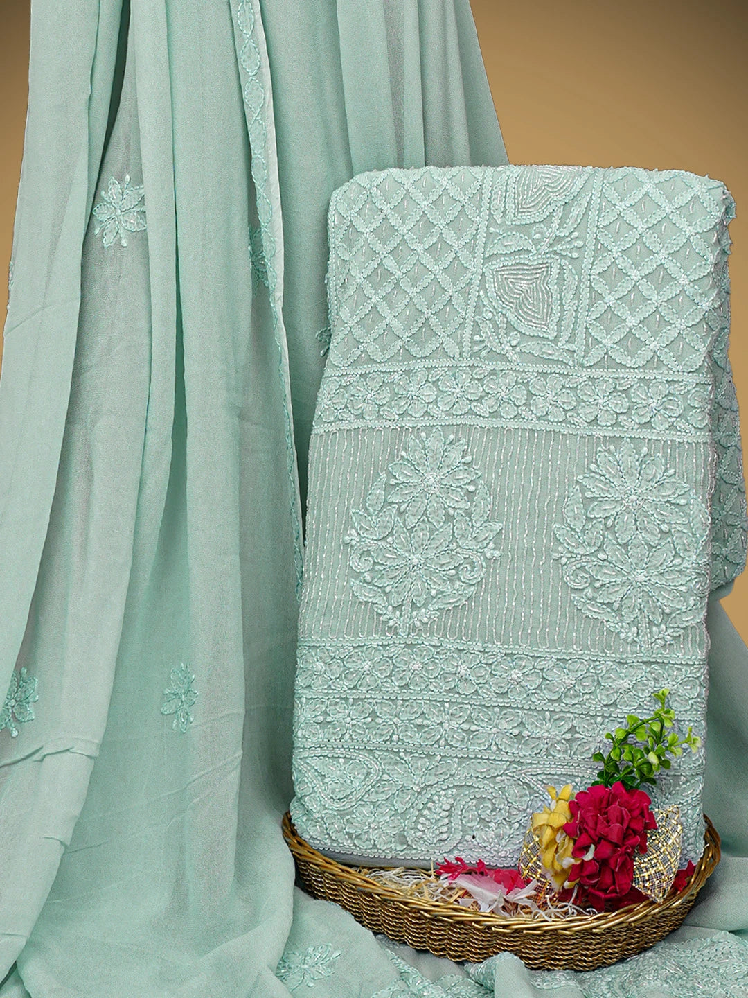 Ada Hand Embroidered Icy Blue Viscose Georgette Lucknowi Chikankari Unstitched Kurta Dupatta Set With Cutdana Work 01A957791