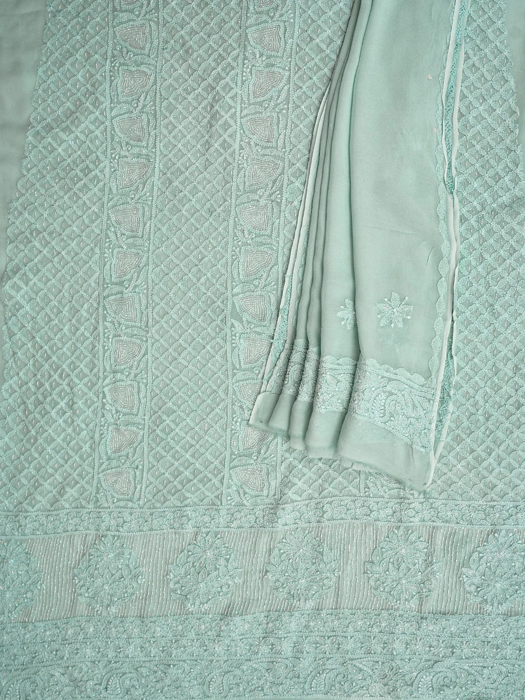 Ada Hand Embroidered Icy Blue Viscose Georgette Lucknowi Chikankari Unstitched Kurta Dupatta Set With Cutdana Work 01A957791