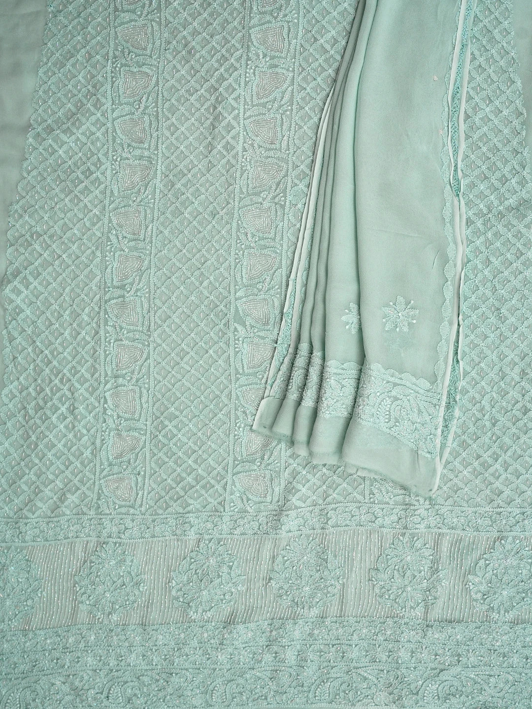 Ada Hand Embroidered Icy Blue Viscose Georgette Lucknowi Chikankari Unstitched Kurta Dupatta Set With Cutdana Work 01A957791