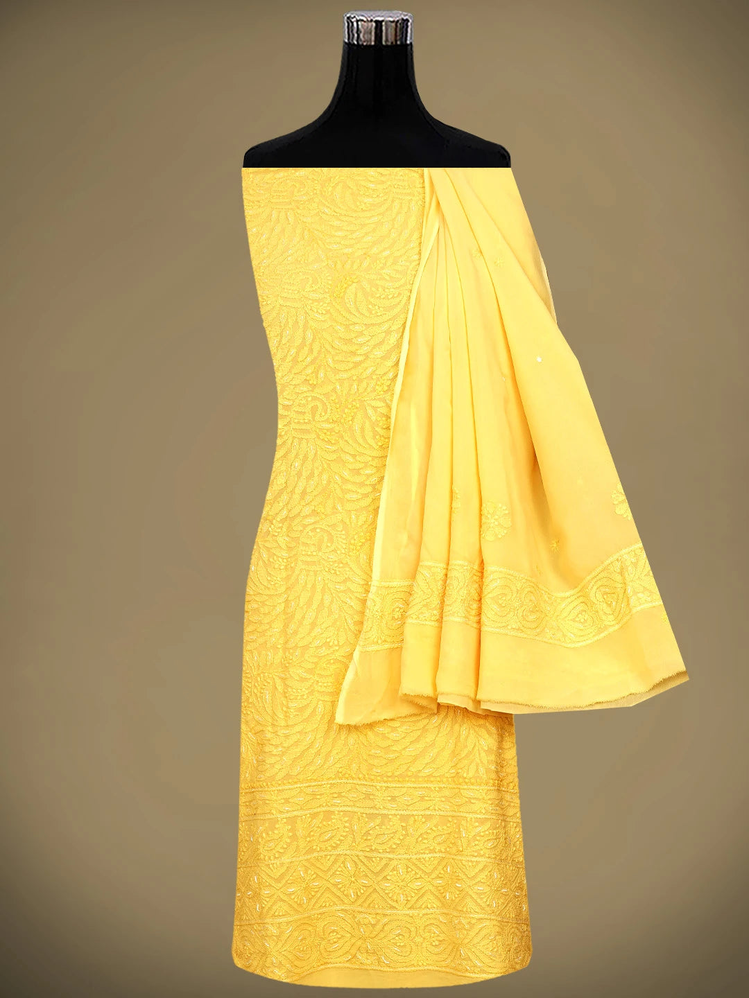Ada Hand Embroidered Light Gold Viscose Georgette Lucknowi Chikankari Unstitched Kurta Dupatta Set With Cutdana Work 01A962571
