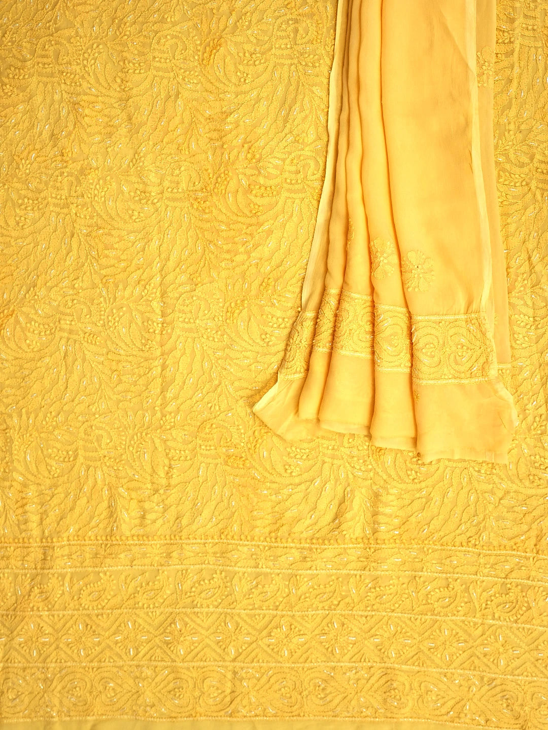 Ada Hand Embroidered Light Gold Viscose Georgette Lucknowi Chikankari Unstitched Kurta Dupatta Set With Cutdana Work 01A962571