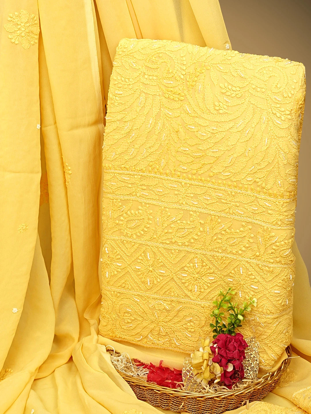 Ada Hand Embroidered Light Gold Viscose Georgette Lucknowi Chikankari Unstitched Kurta Dupatta Set With Cutdana Work 01A962571