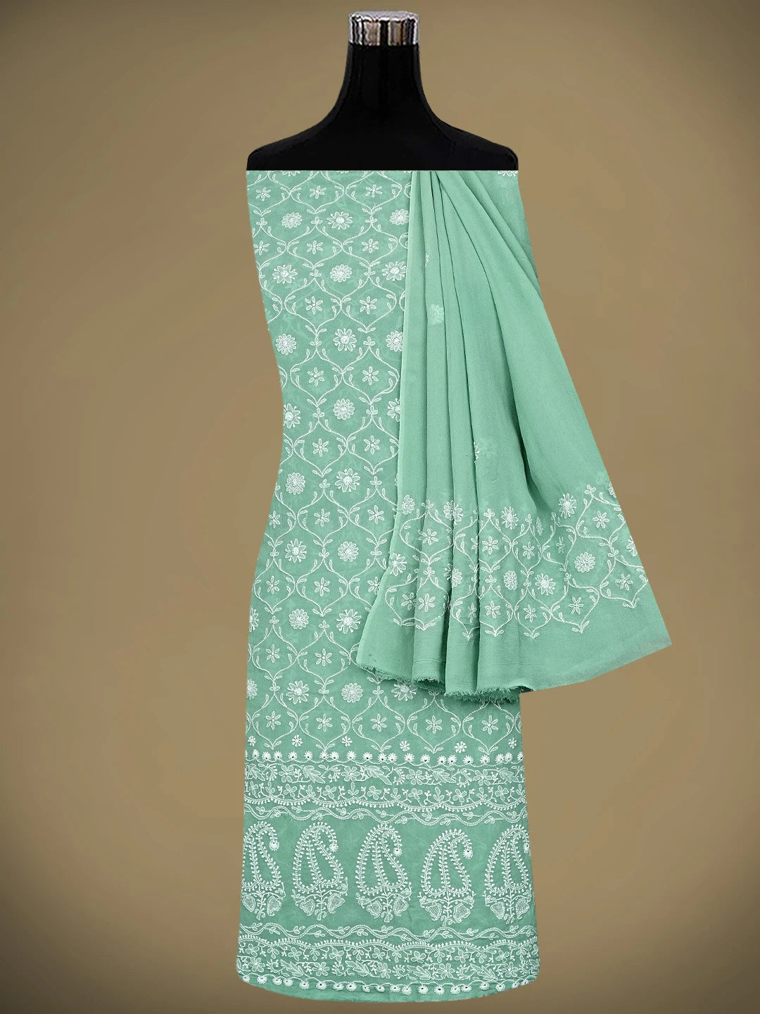 Ada Hand Embroidered Sea Green Pure Georgette Lucknowi Chikankari Unstitched Kurta Dupatta Set 01A954964