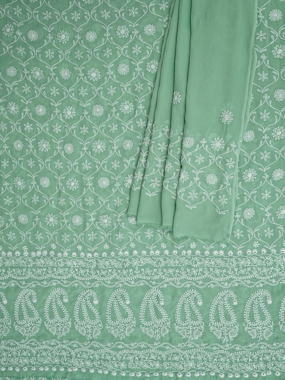 Ada Hand Embroidered Sea Green Pure Georgette Lucknowi Chikankari Unstitched Kurta Dupatta Set 01A954964