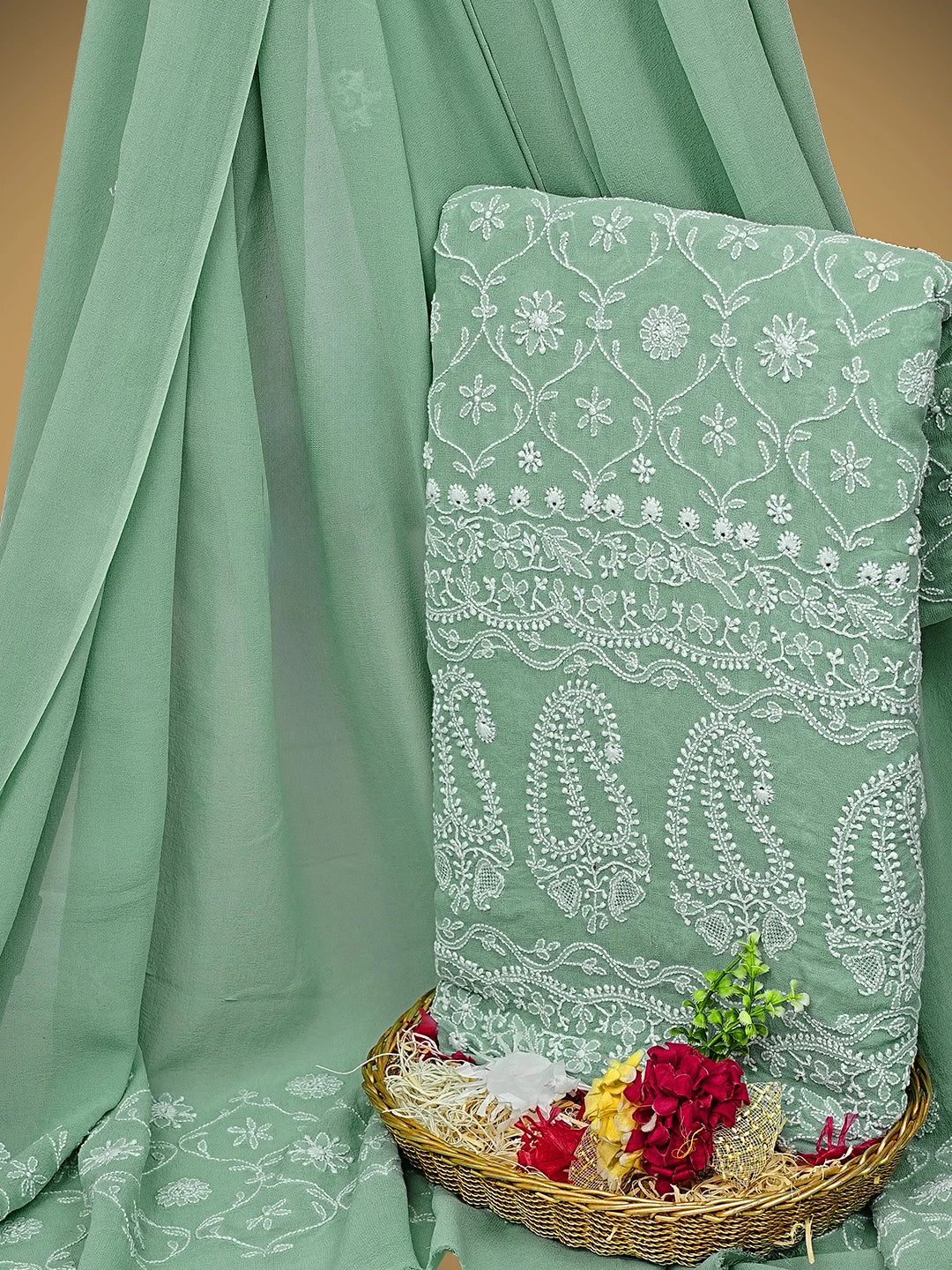 Ada Hand Embroidered Sea Green Pure Georgette Lucknowi Chikankari Unstitched Kurta Dupatta Set 01A954964