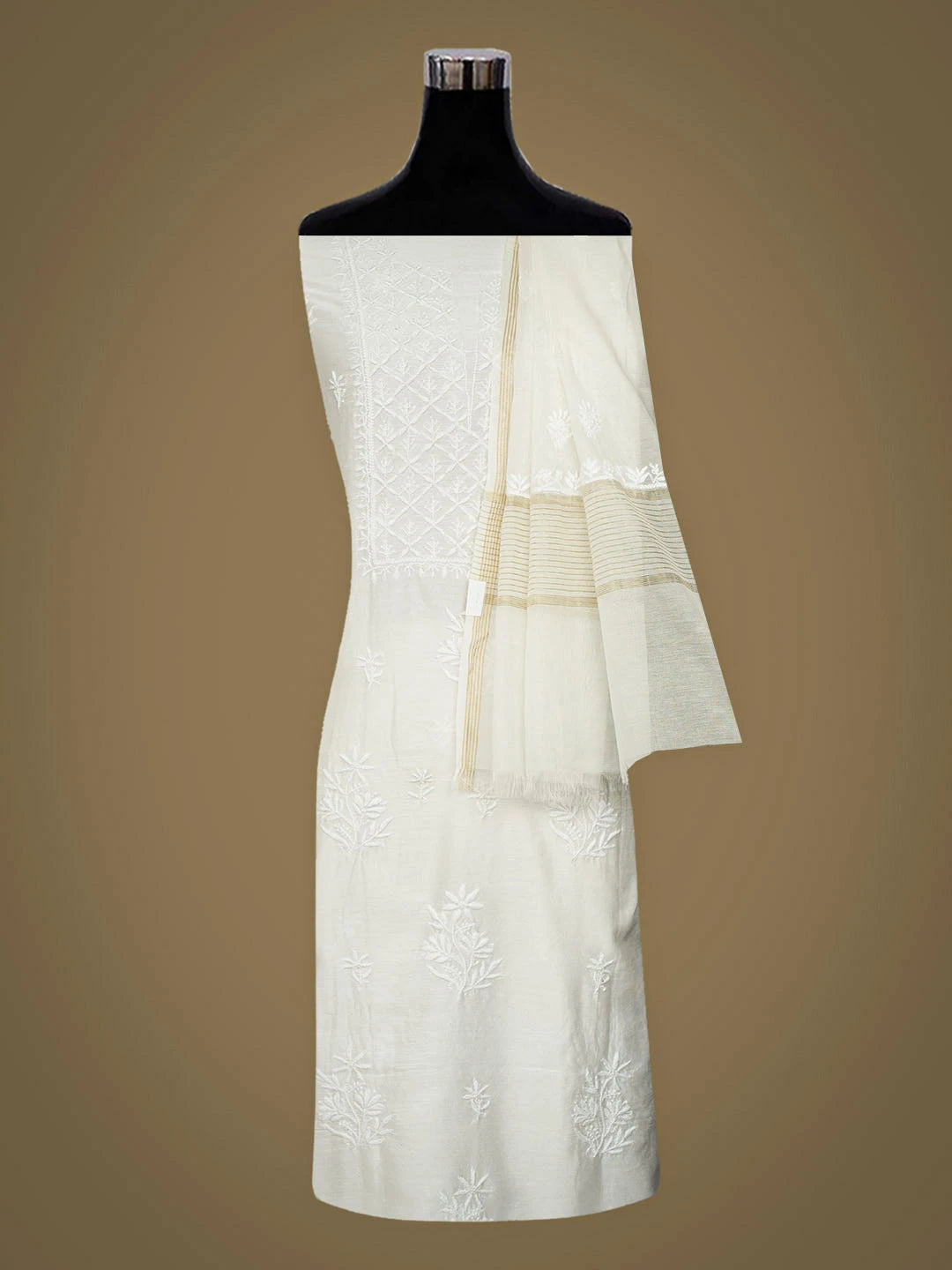 Ada Hand Embroidered White Chanderi Lucknowi Chikankari Unstitched Kurta Dupatta Set 01A639191