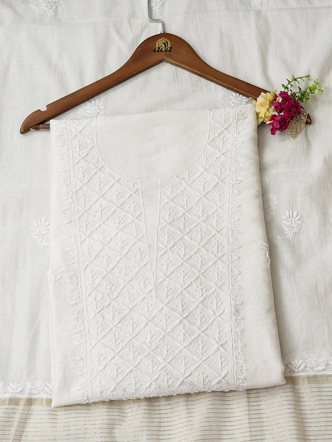 Ada Hand Embroidered White Chanderi Lucknowi Chikankari Unstitched Kurta Dupatta Set 01A639191