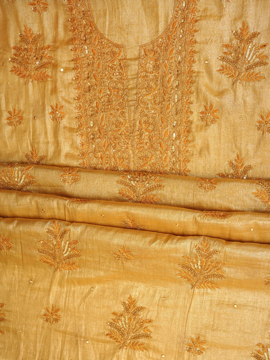 Ada Hand Embroidered Fawn Tissue Lucknowi Chikankari Unstitched Kurta Dupatta Set With Cutdana Work 01A788968