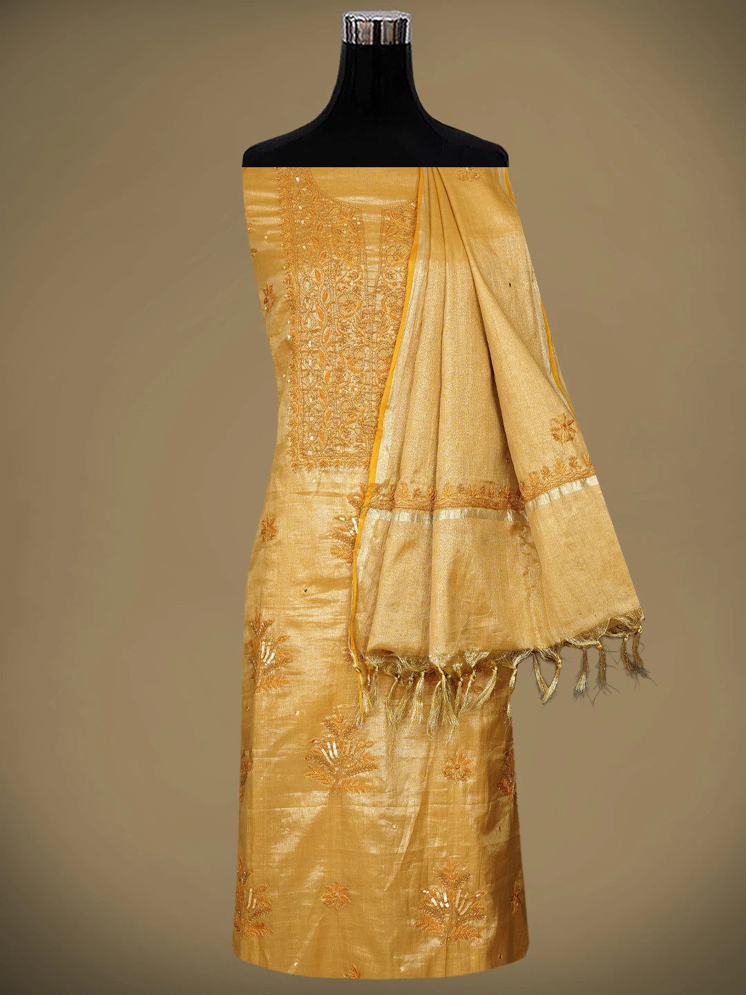 Ada Hand Embroidered Fawn Tissue Lucknowi Chikankari Unstitched Kurta Dupatta Set With Cutdana Work 01A788968