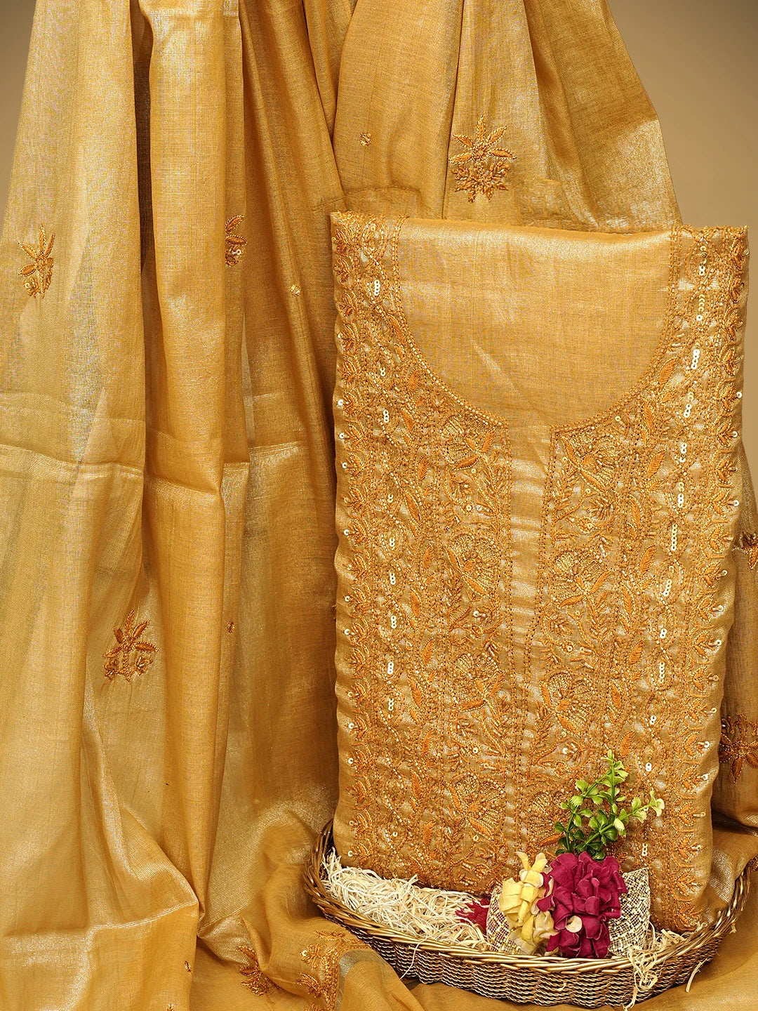 Ada Hand Embroidered Fawn Tissue Lucknowi Chikankari Unstitched Kurta Dupatta Set With Cutdana Work 01A788968