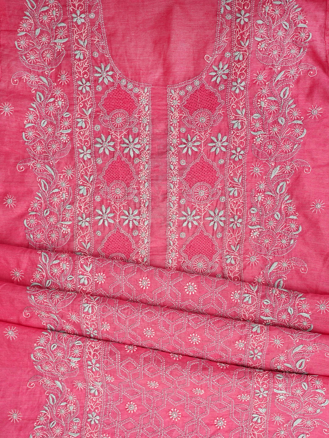 Ada Hand Embroidered Punch Pink Chanderi Lucknowi Chikankari Semi Stitched Kurta Dupatta Set 01A932559