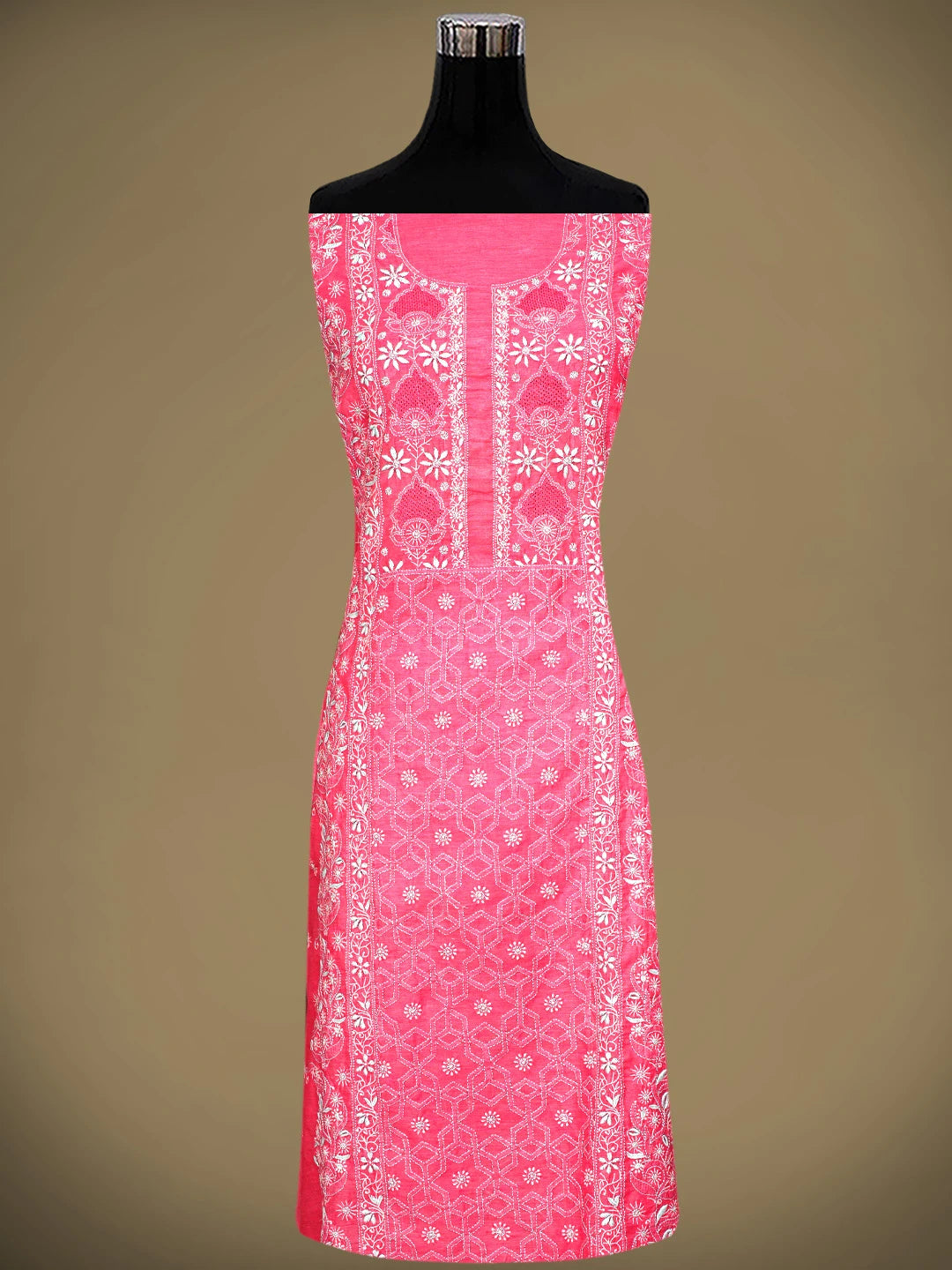 Ada Hand Embroidered Punch Pink Chanderi Lucknowi Chikankari Semi Stitched Kurta Dupatta Set 01A932559