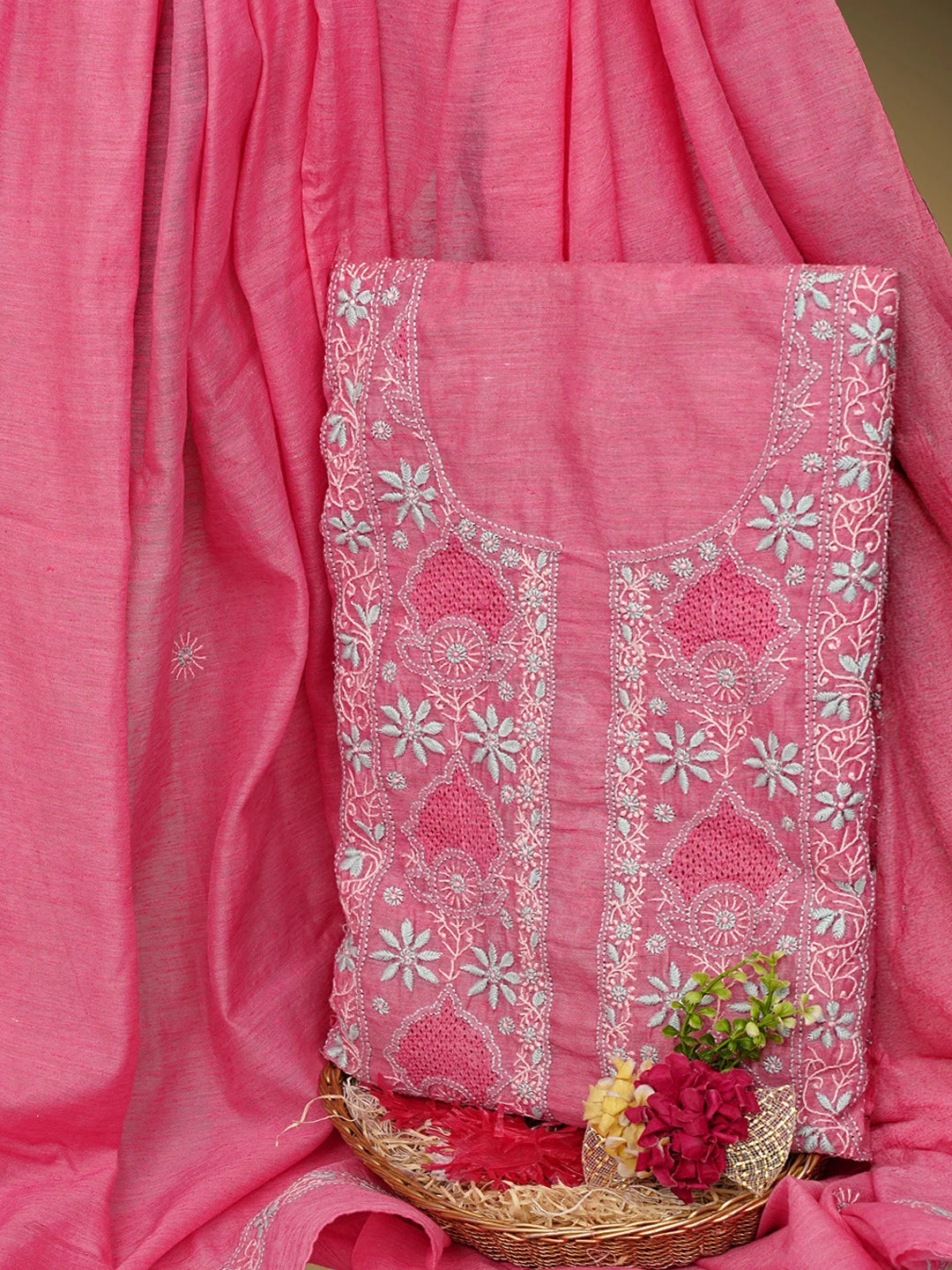 Ada Hand Embroidered Punch Pink Chanderi Lucknowi Chikankari Semi Stitched Kurta Dupatta Set 01A932559