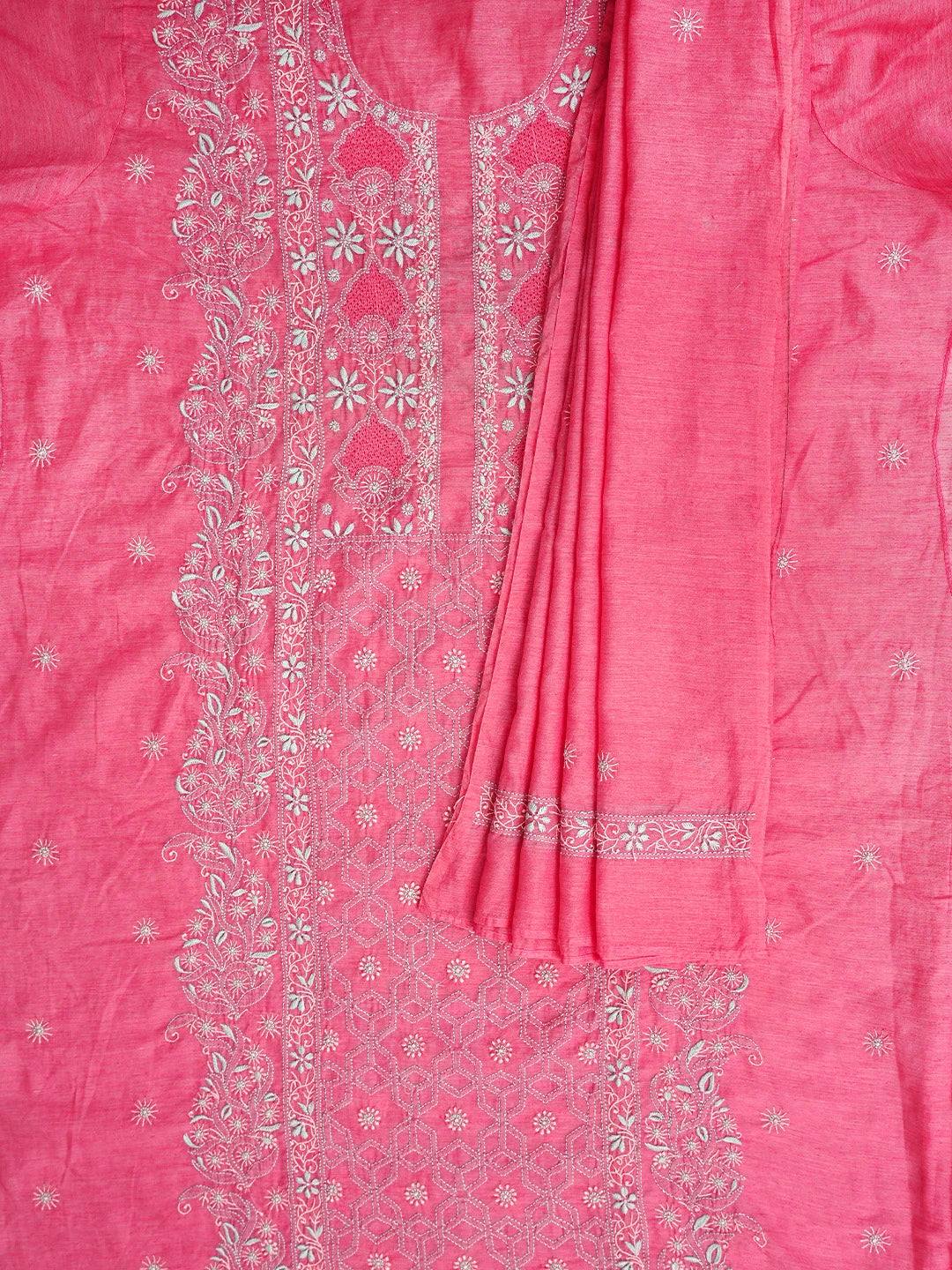 Ada Hand Embroidered Punch Pink Chanderi Lucknowi Chikankari Semi Stitched Kurta Dupatta Set 01A932559