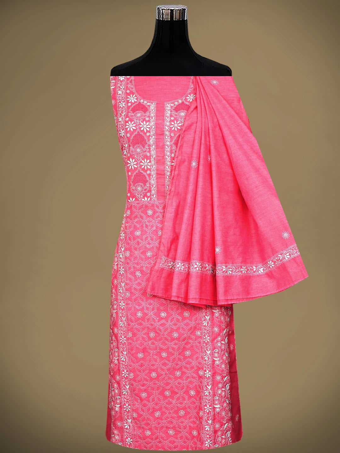 Ada Hand Embroidered Punch Pink Chanderi Lucknowi Chikankari Semi Stitched Kurta Dupatta Set 01A932559