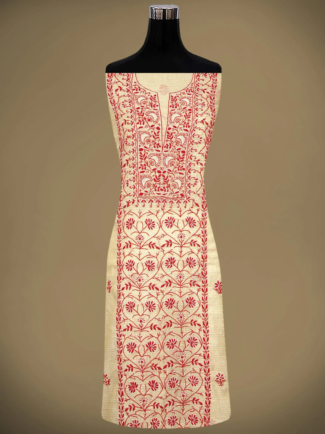 Ada Hand Embroidered Fawn Kota Tissue Lucknowi Chikankari Unstitched Kurta Dupatta Set With Cutdana Work 01A521721