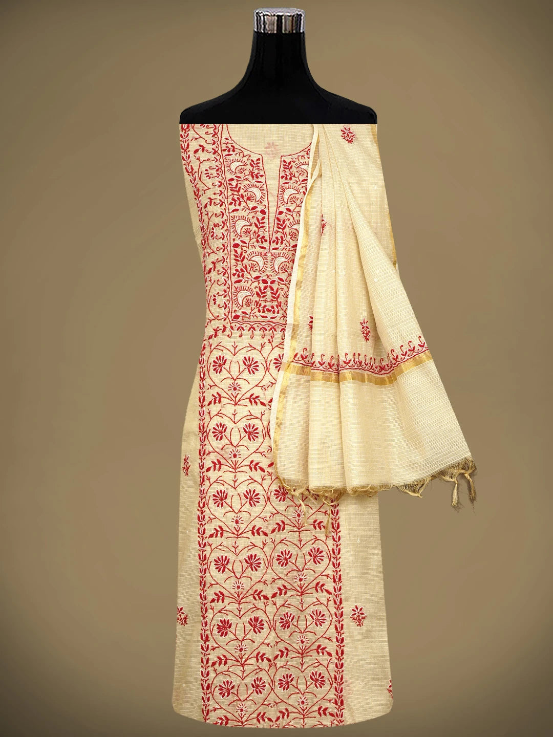 Ada Hand Embroidered Fawn Kota Tissue Lucknowi Chikankari Unstitched Kurta Dupatta Set With Cutdana Work 01A521721