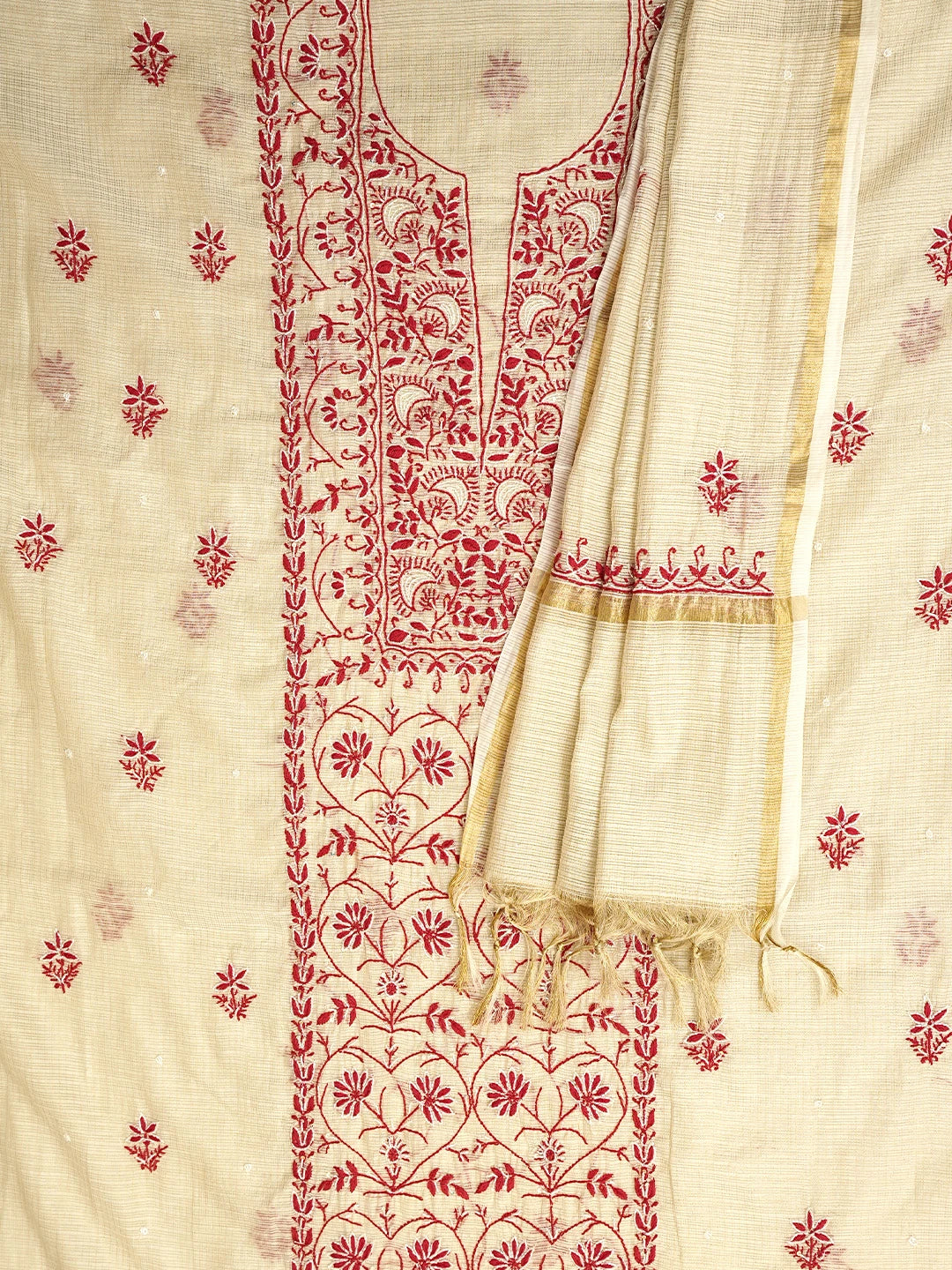 Ada Hand Embroidered Fawn Kota Tissue Lucknowi Chikankari Unstitched Kurta Dupatta Set With Cutdana Work 01A521721
