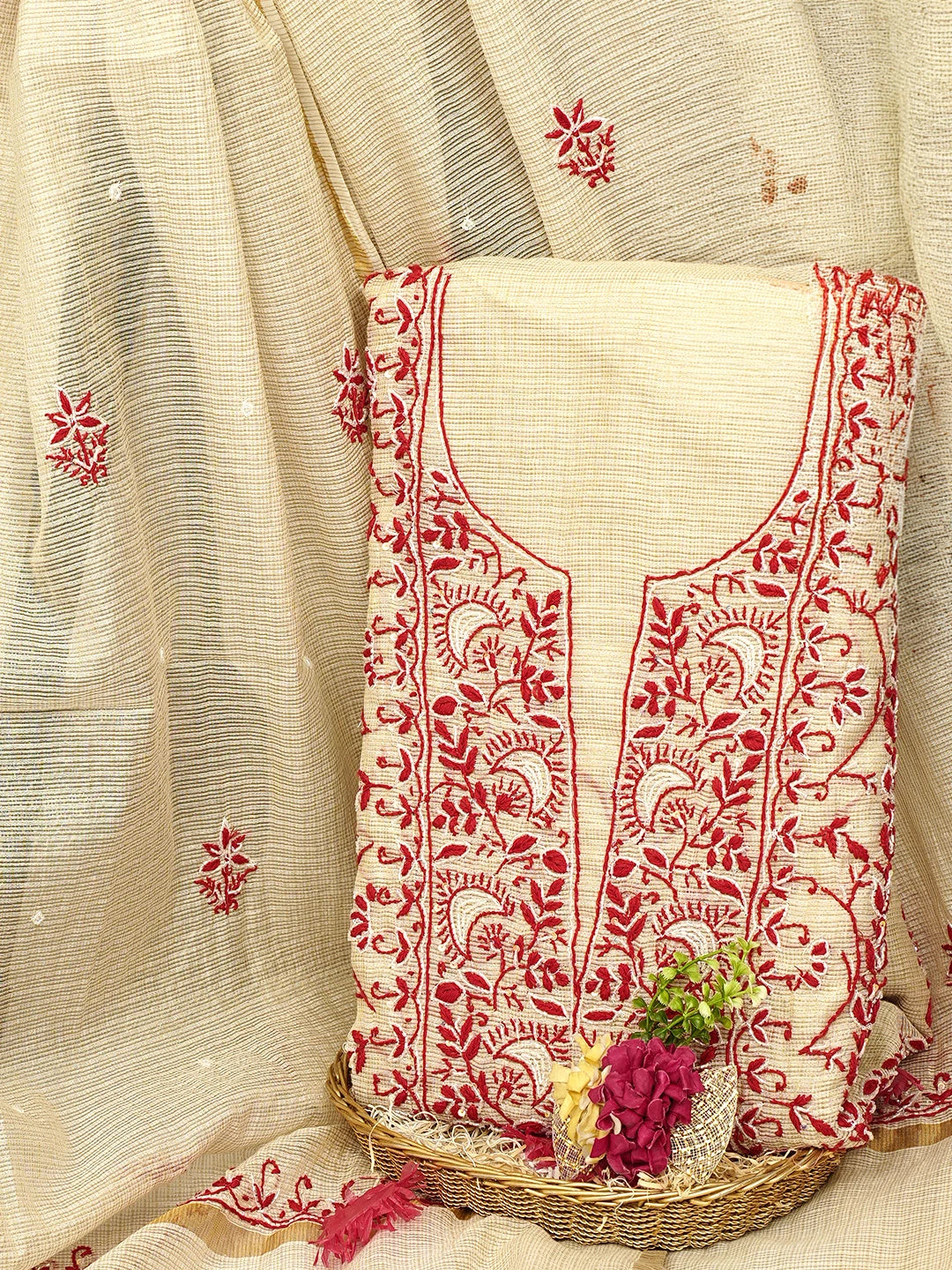 Ada Hand Embroidered Fawn Kota Tissue Lucknowi Chikankari Unstitched Kurta Dupatta Set With Cutdana Work 01A521721