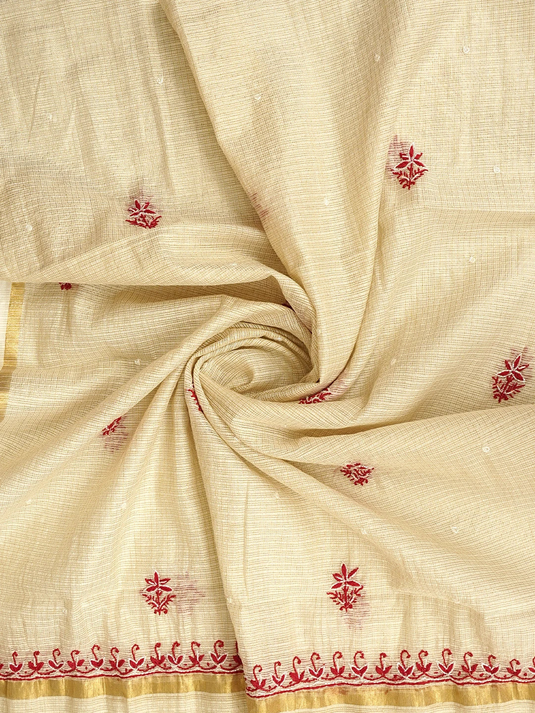 Ada Hand Embroidered Fawn Kota Tissue Lucknowi Chikankari Unstitched Kurta Dupatta Set With Cutdana Work 01A521721